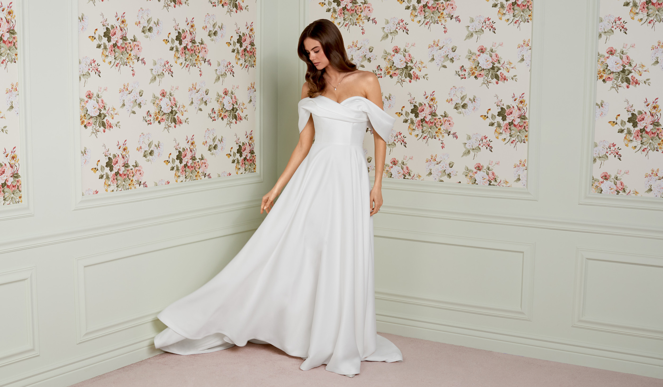 Adore by Justin Alexander Style 11456 Effie Crepe A-Line Bridal Gown with Off-the-Shoulder Pleated Neckline