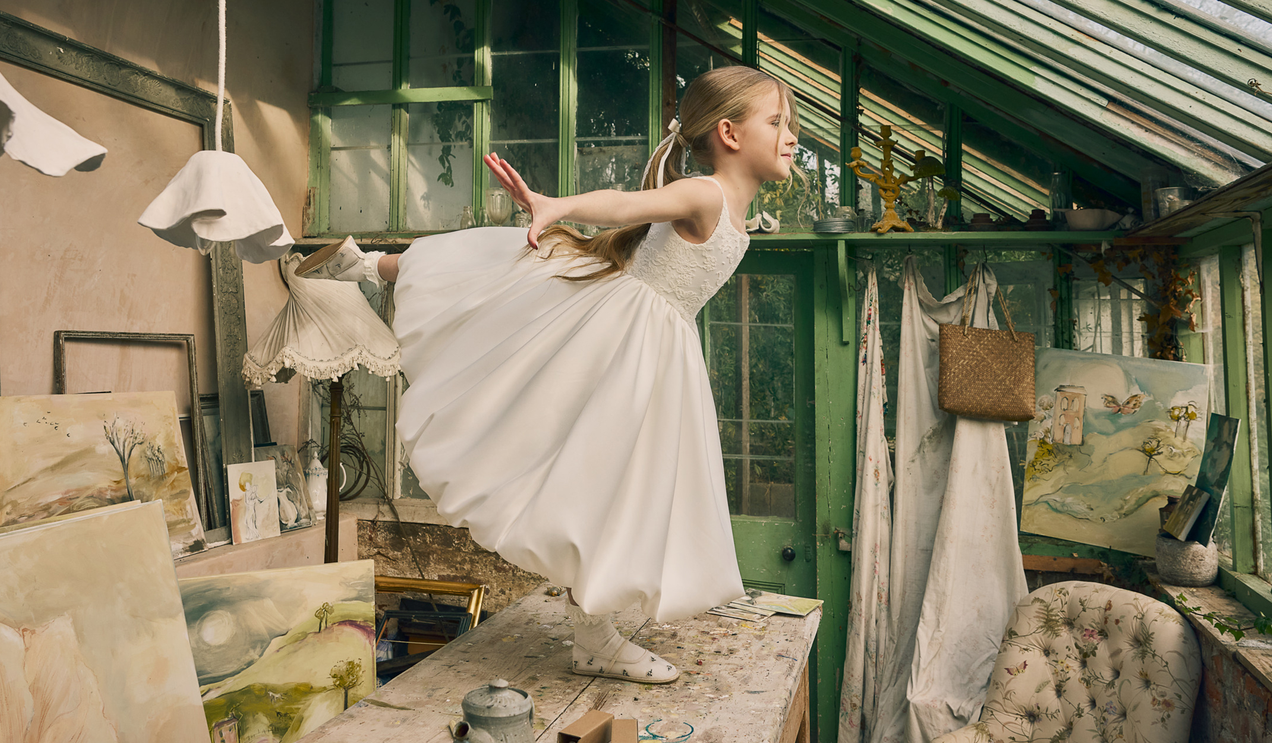 Fable by Justin Alexander Style FG008 Jojo Alençon Lace Bodice with Tea Length Mikado Skirt with Bubble Hem