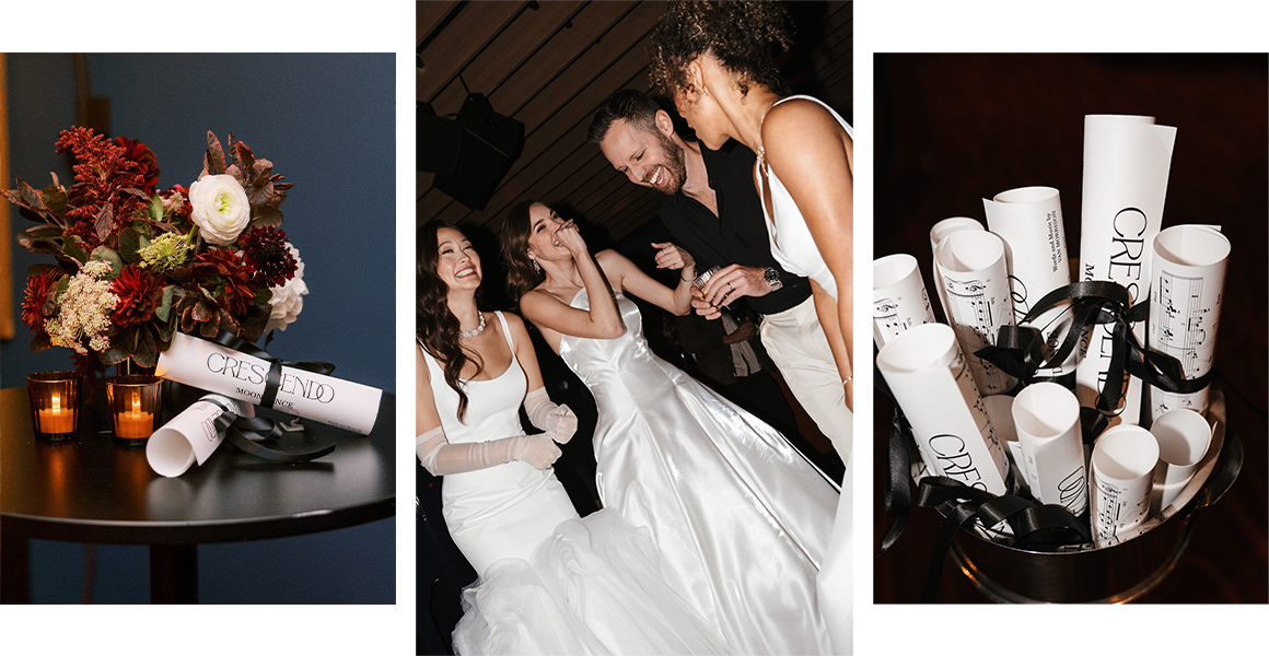 Burgundy and blush floral arrangement, amber candles and Moondance sheet music with a sketch of Justin Alexander Signature Crescendo gowns, given to guests at the NYBFW presentation