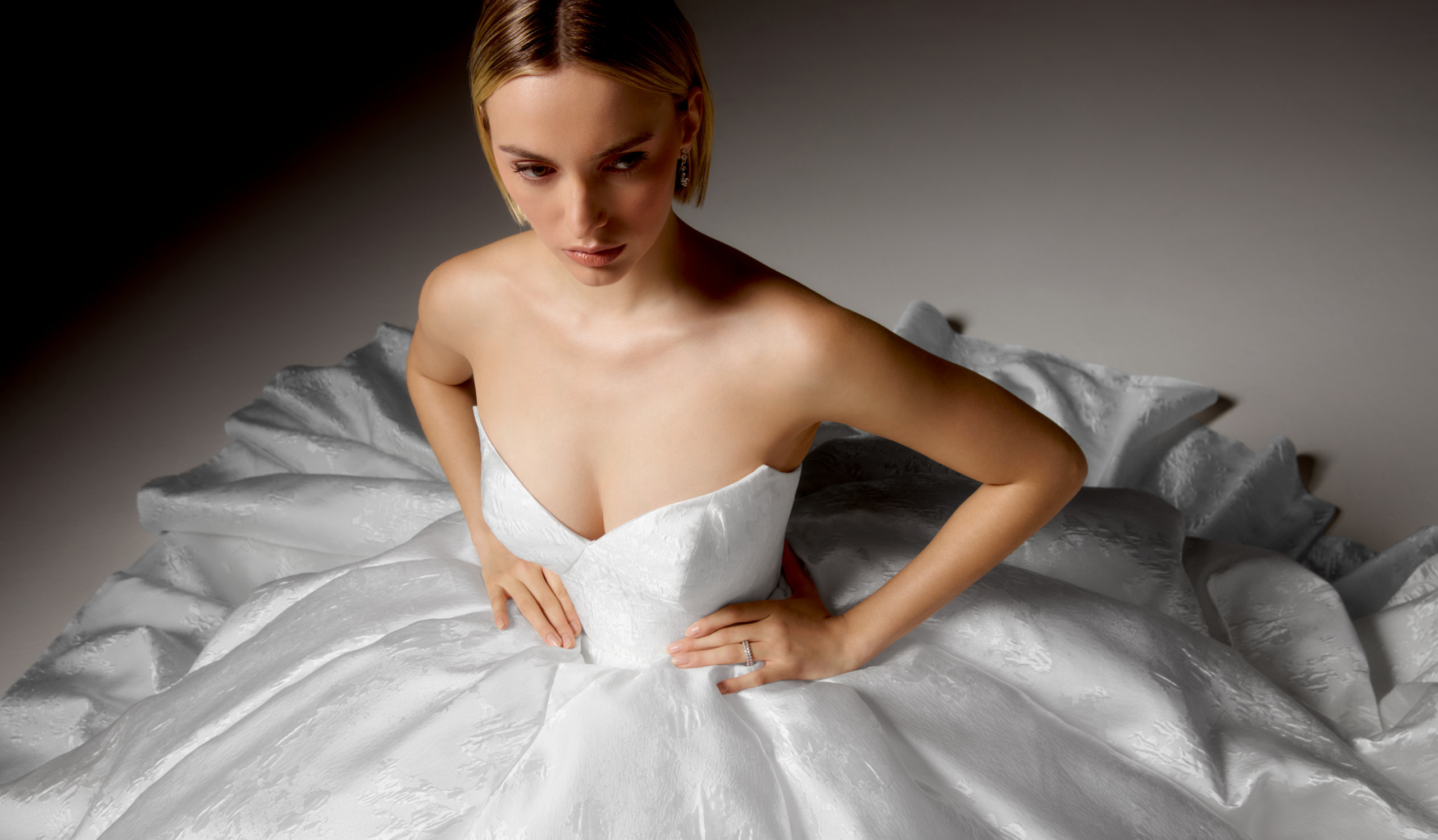 Justin Alexander Signature Style 99416 PALAZZO Brocade Ball Gown with Strapless Sweetheart Neckline, Dramatic Basque Waistline, and Hip Puffs