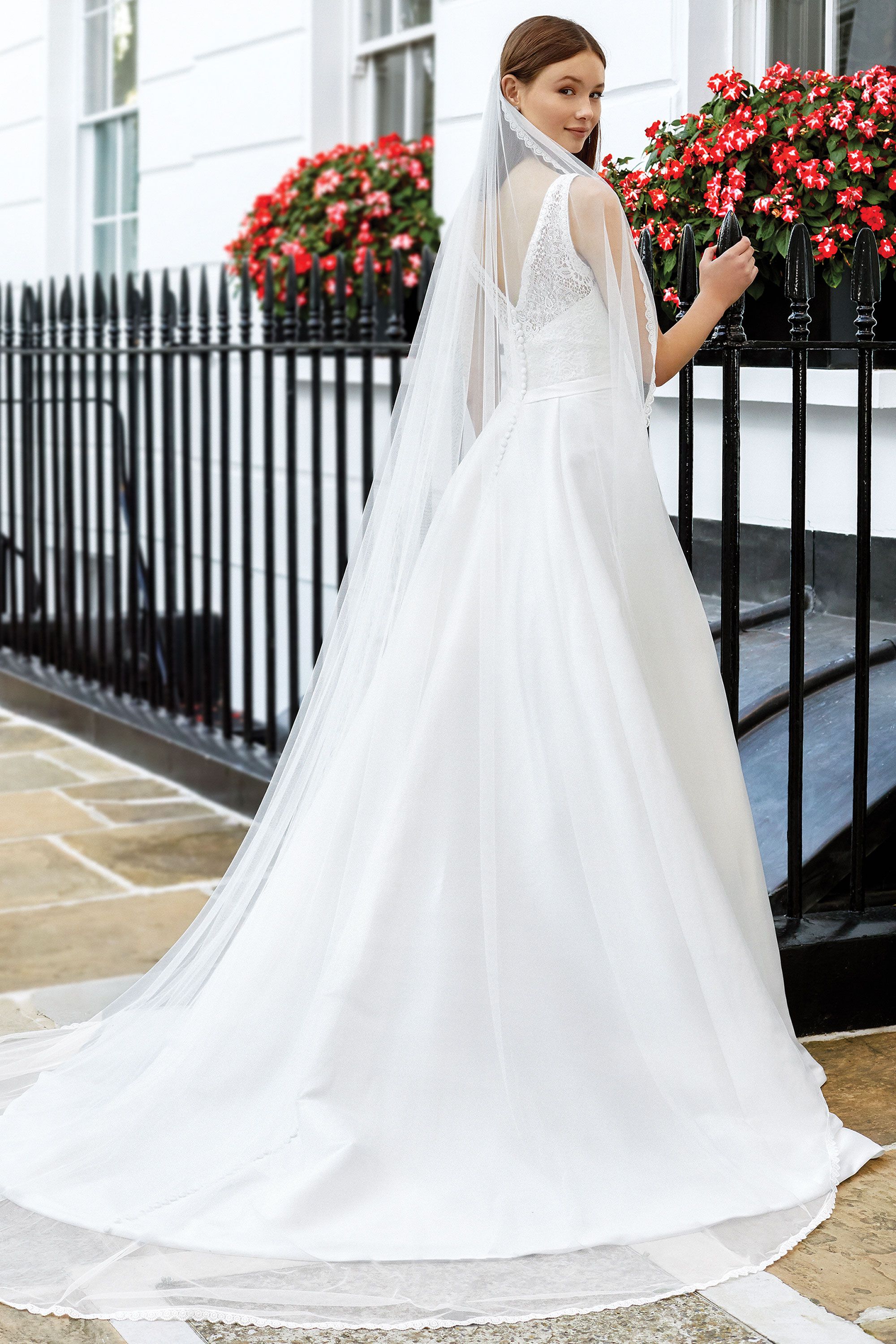 Adore by Justin Alexander Style 11110 Cotton Lace A-Line Gown with Pleated Mikado Skirt and Pockets