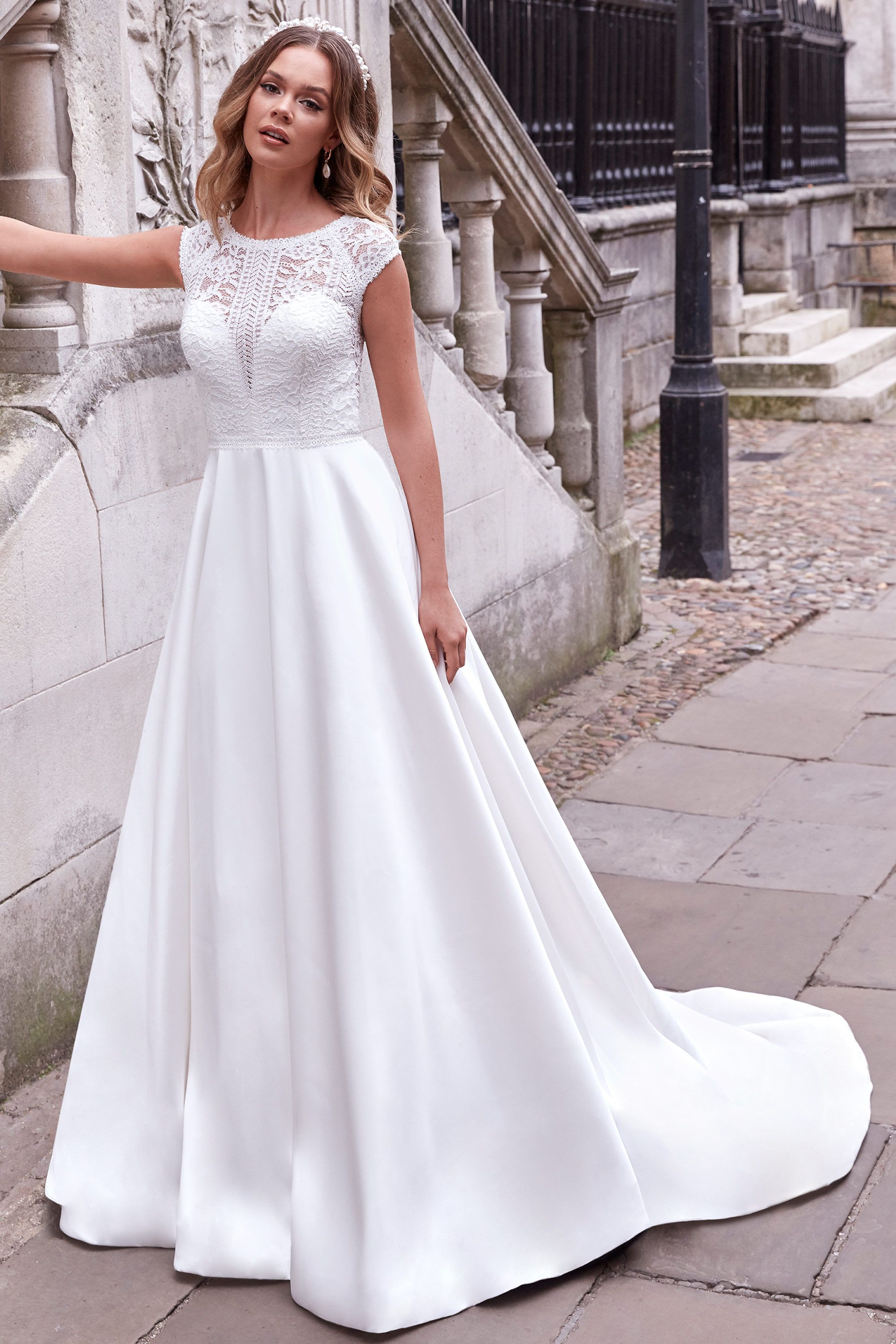 Hillary: Cotton Lace and Mikado Ball Gown with Sabrina Neckline