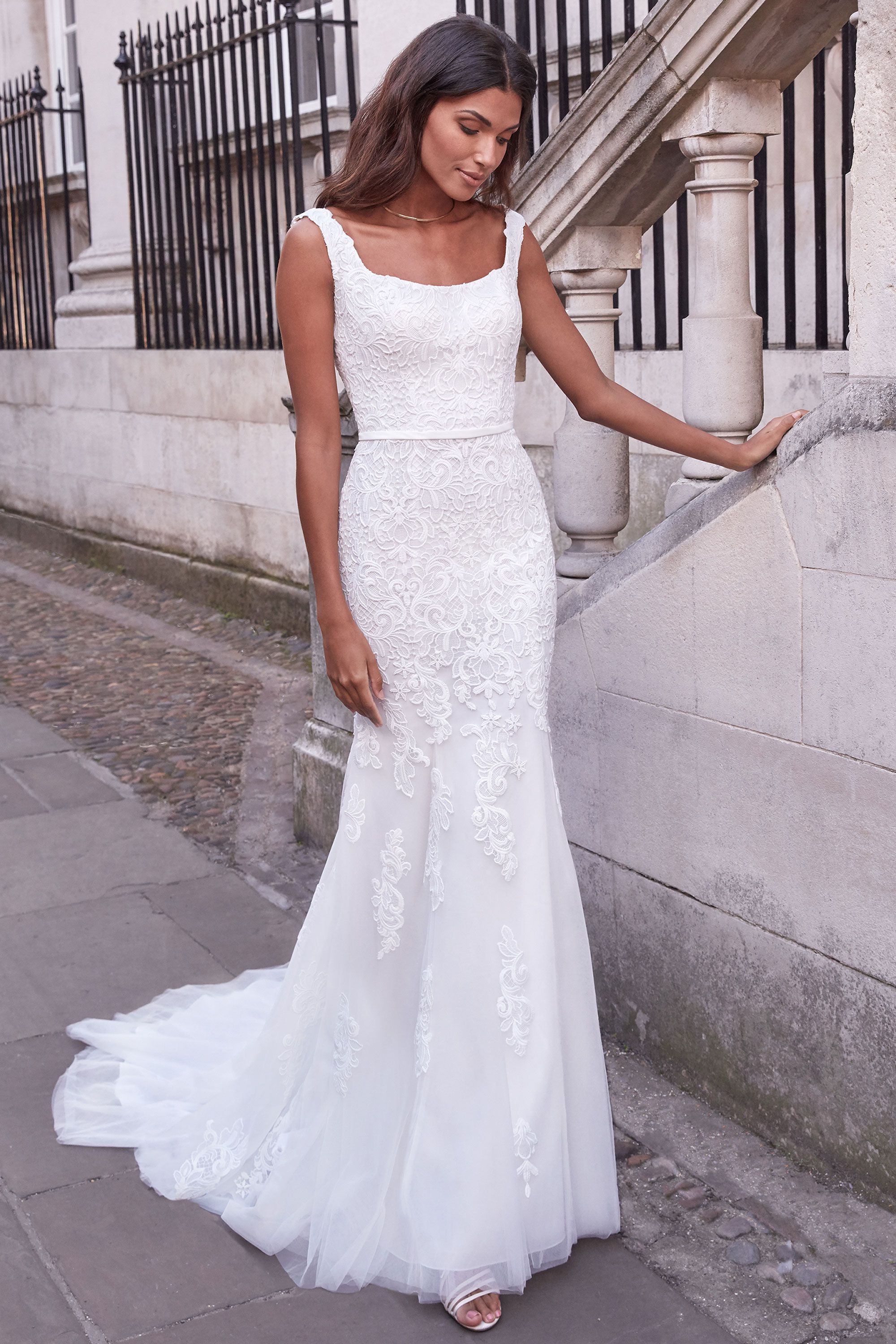 square neck fitted wedding dress Elegant square neckline wedding dress in NYC