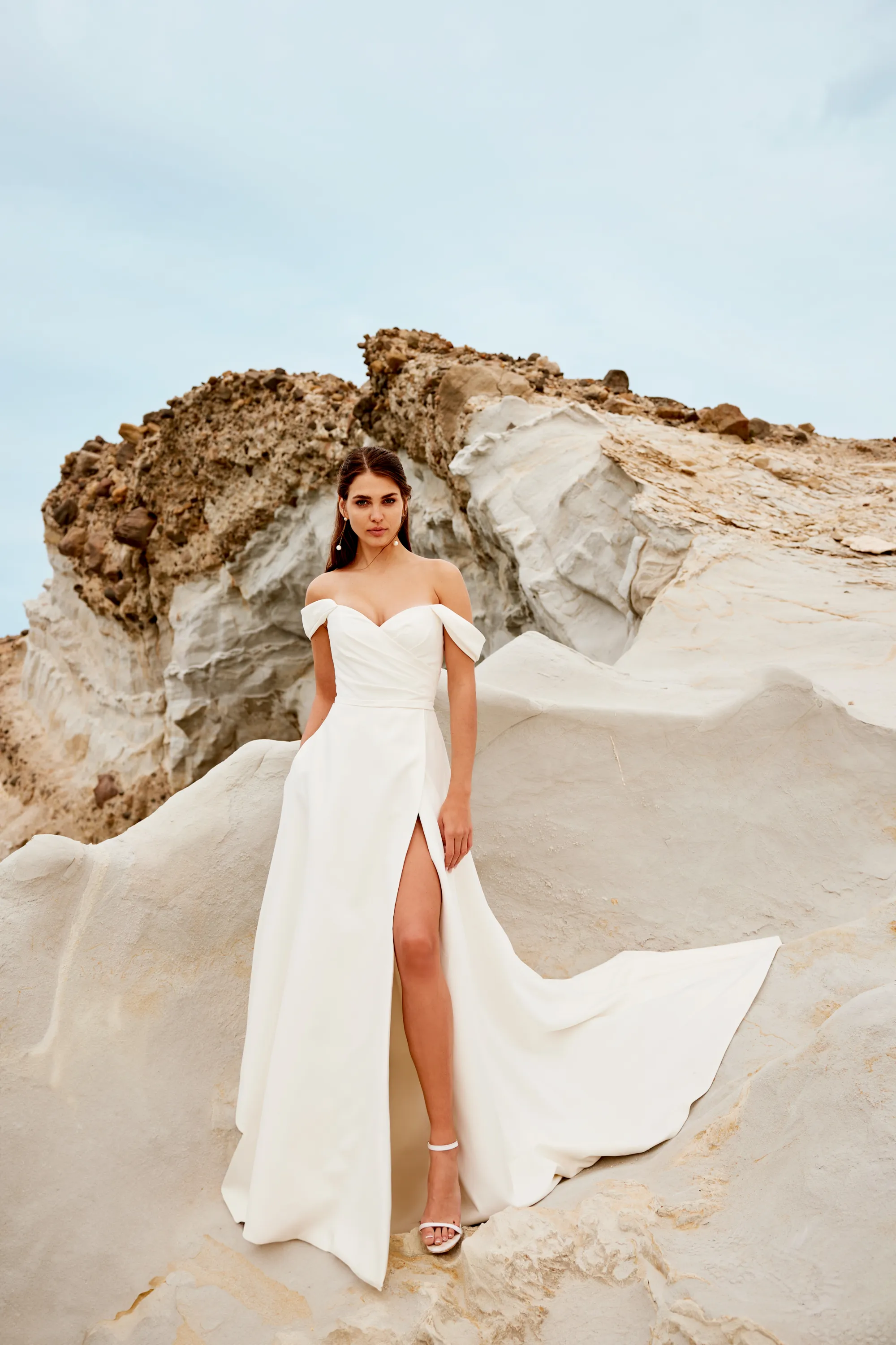 11115: Crepe A-Line Gown with Wide Off The Shoulder Cuff and