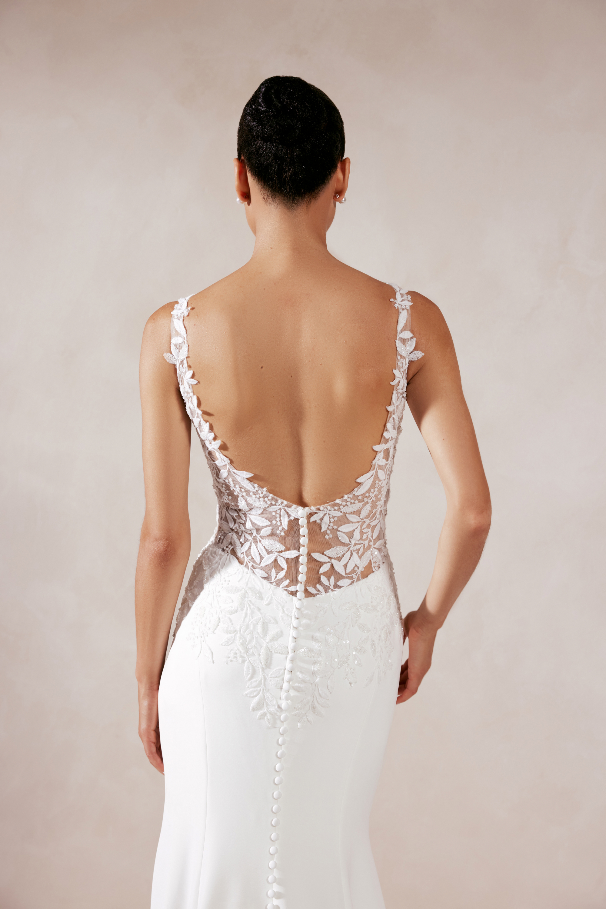 Adore by Justin Alexander Style 11379 Lanie Stretch Crepe Fit and Flare with Sabrina Neckline and Embroidered Lace