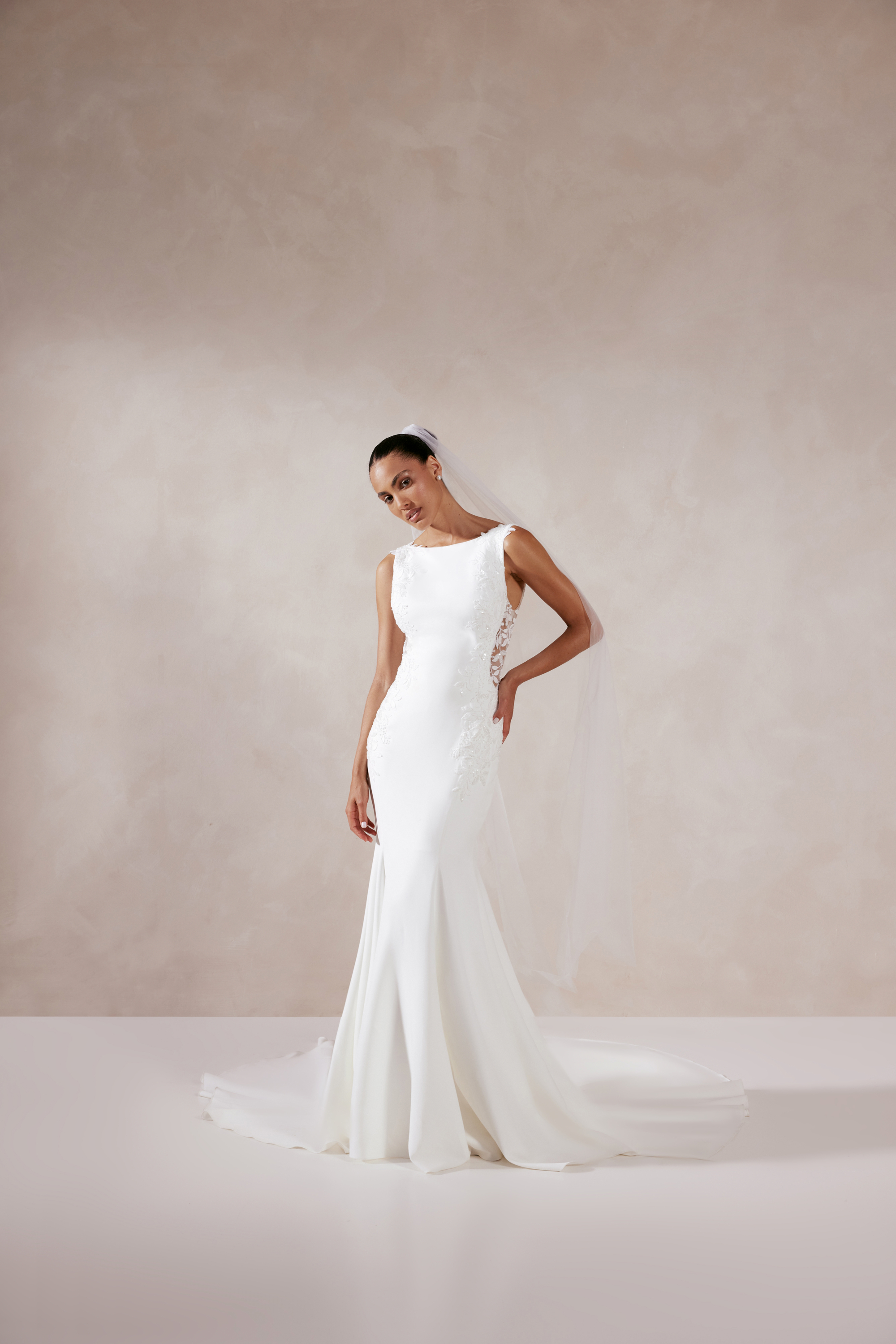 Adore by Justin Alexander Style 11379 Lanie Stretch Crepe Fit and Flare with Sabrina Neckline and Embroidered Lace