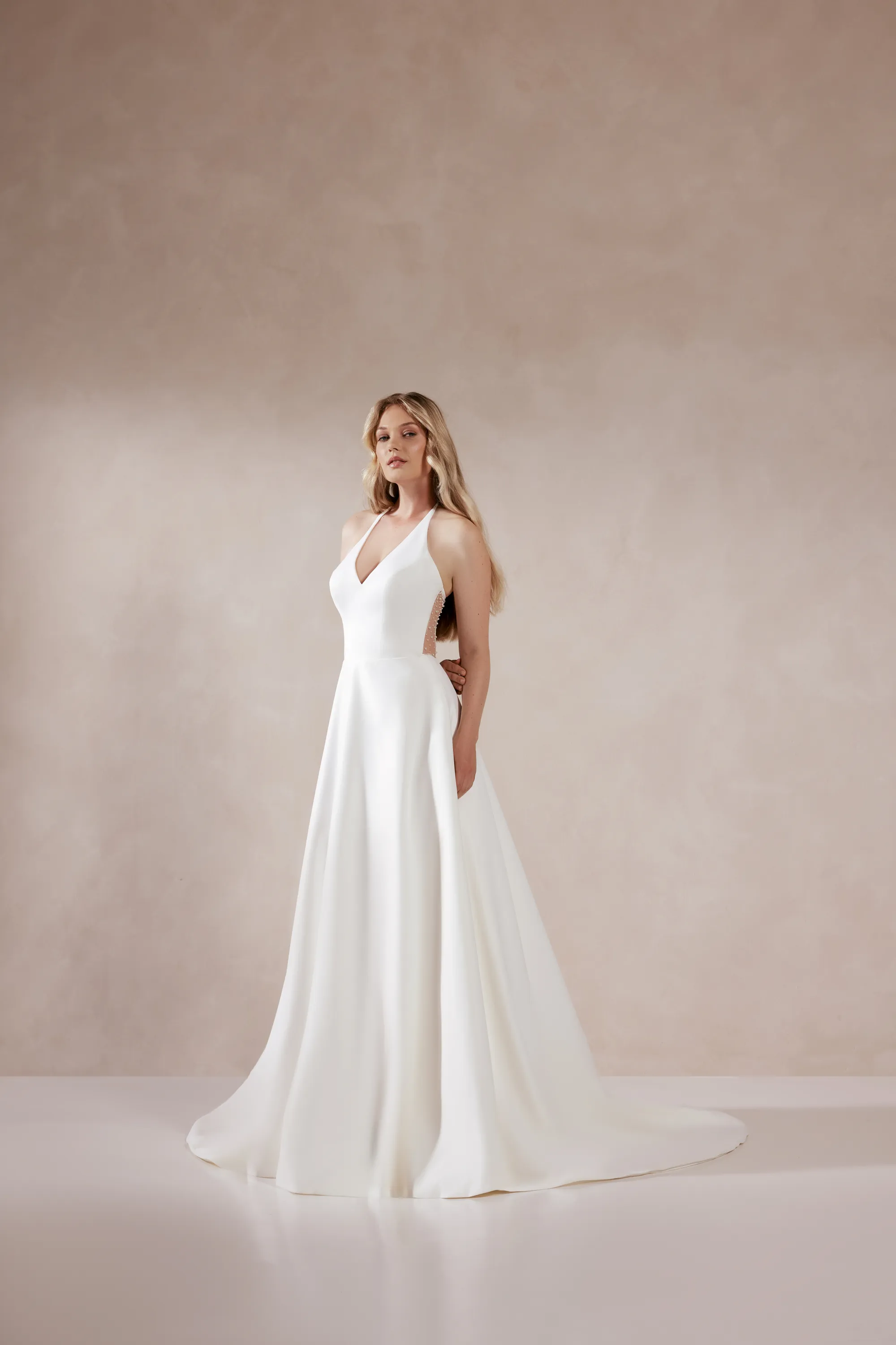 Merrick: Crepe A-Line Gown with Keyhole Back and Bow | Adore by