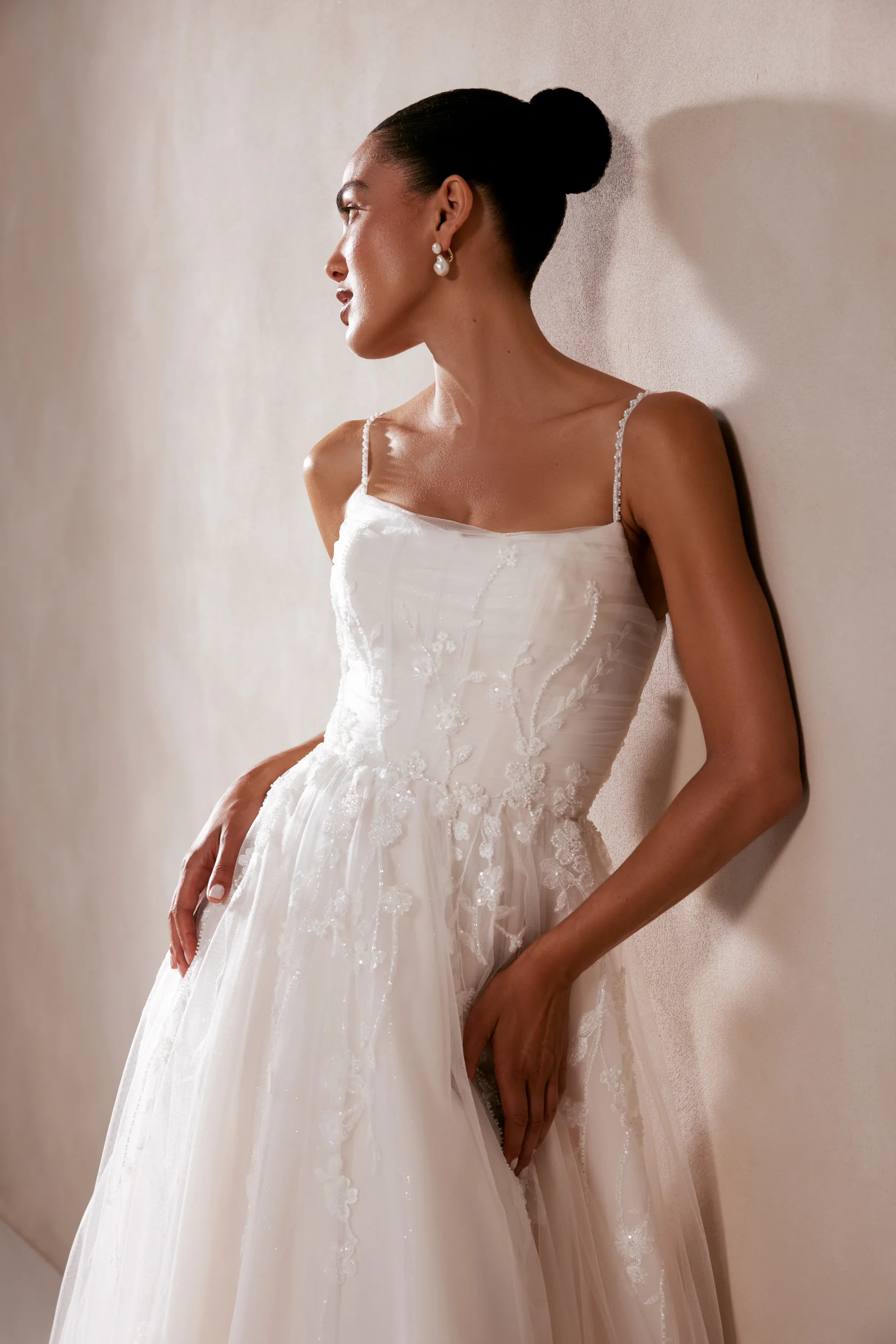 h♡andmary Ann ribbon dress beige Catrina: English Net A-Line with Sheer Bodice Adorned with