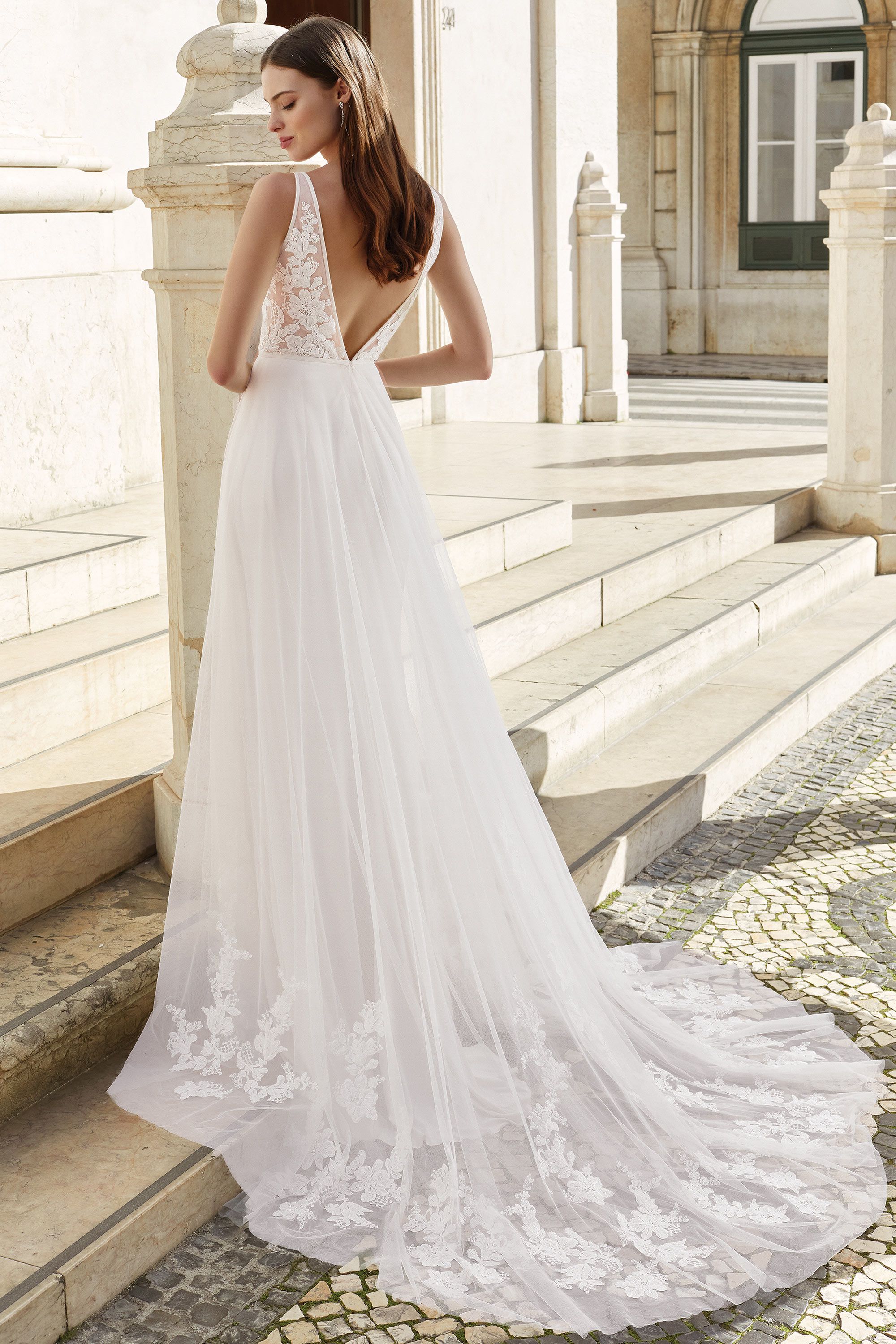 Adore by Justin Alexander Style 11158 V-Neck Cage Dress with Organza Trim Detail