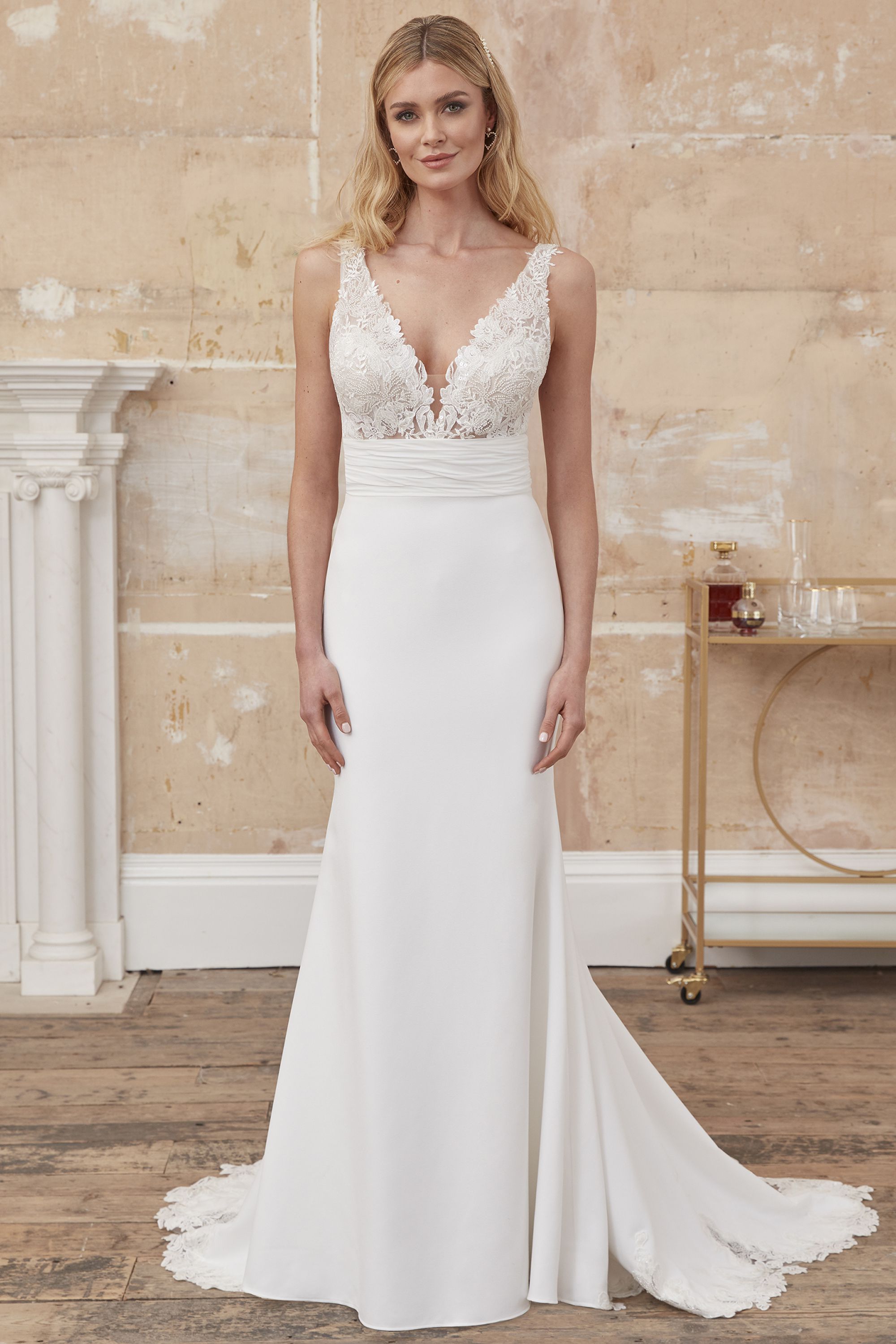 Nadine: Beaded V-Neck Fit and Flare Gown with Chiffon Cummerbund | Adore by  Justin Alexander