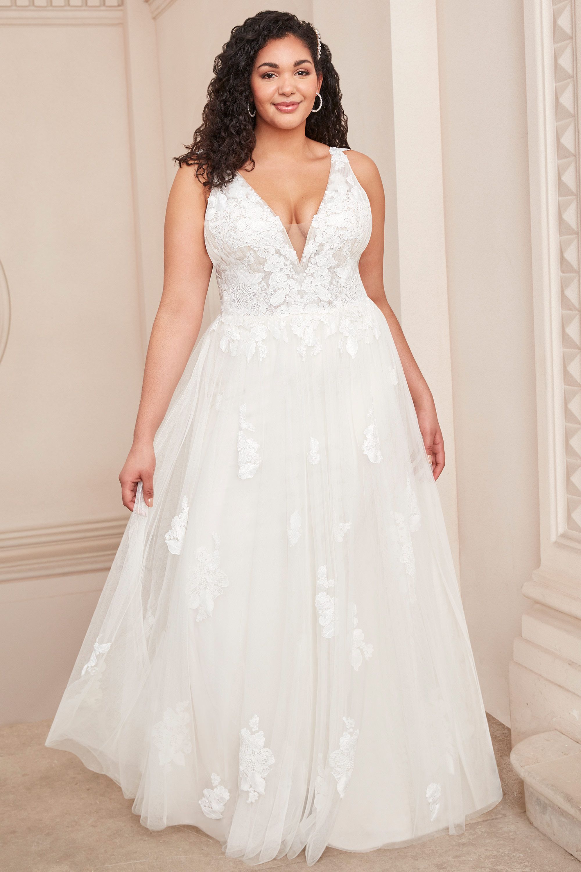 Adore by Justin Alexander Style11132PS Plus Size English Net Dress with Deep V-Neck