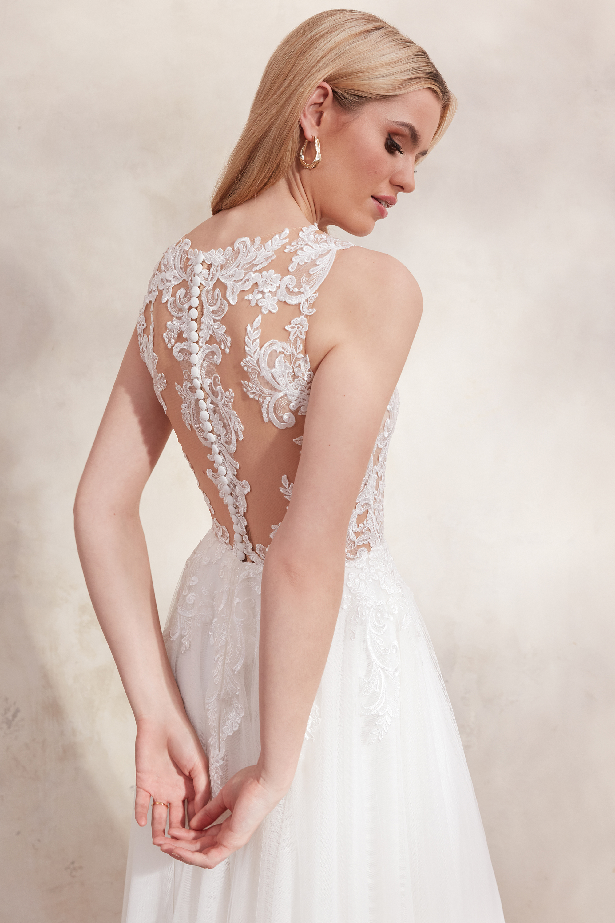 Aries: Soft English Net A-Line Gown with Lace Bodice and Illusion
