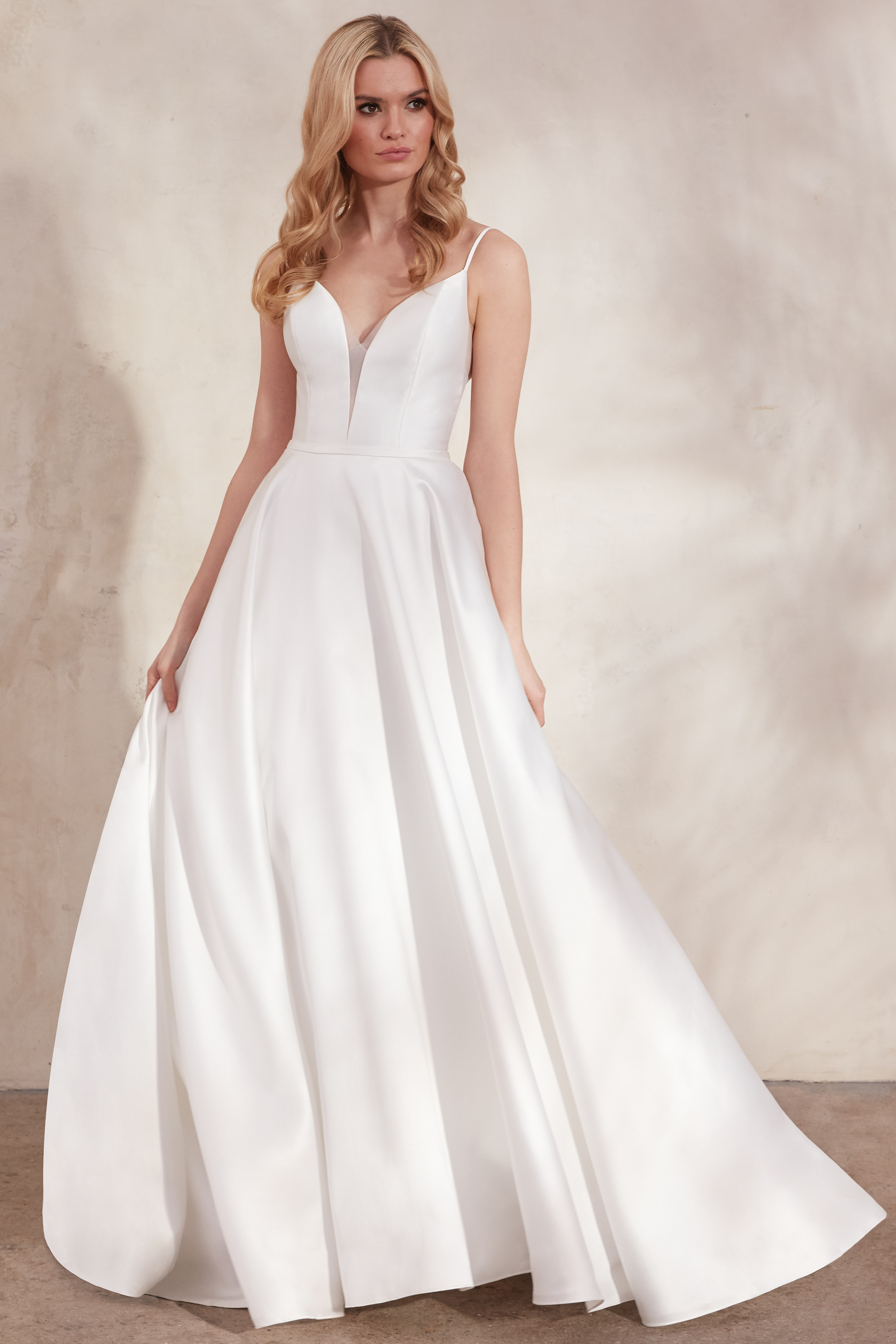 Adore by Justin Alexander Style11273 Halo Mikado A-Line Dress with Bikini Neckline and Criss-Cross Back