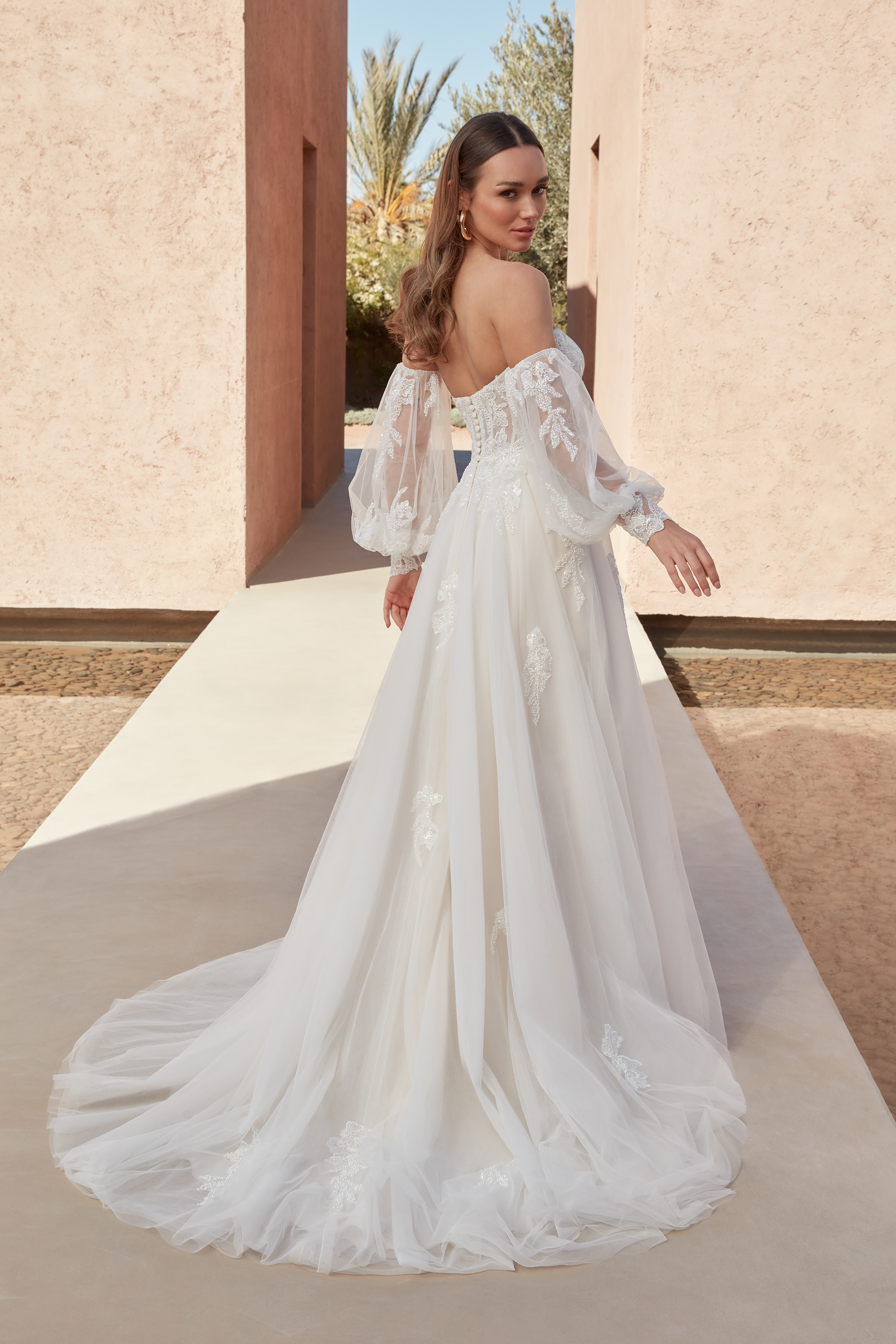 Adore by Justin Alexander Style 11322SL Sanika Sleeves Off the Shoulder Bishop Sleeves with Beading and Lace Appliqués