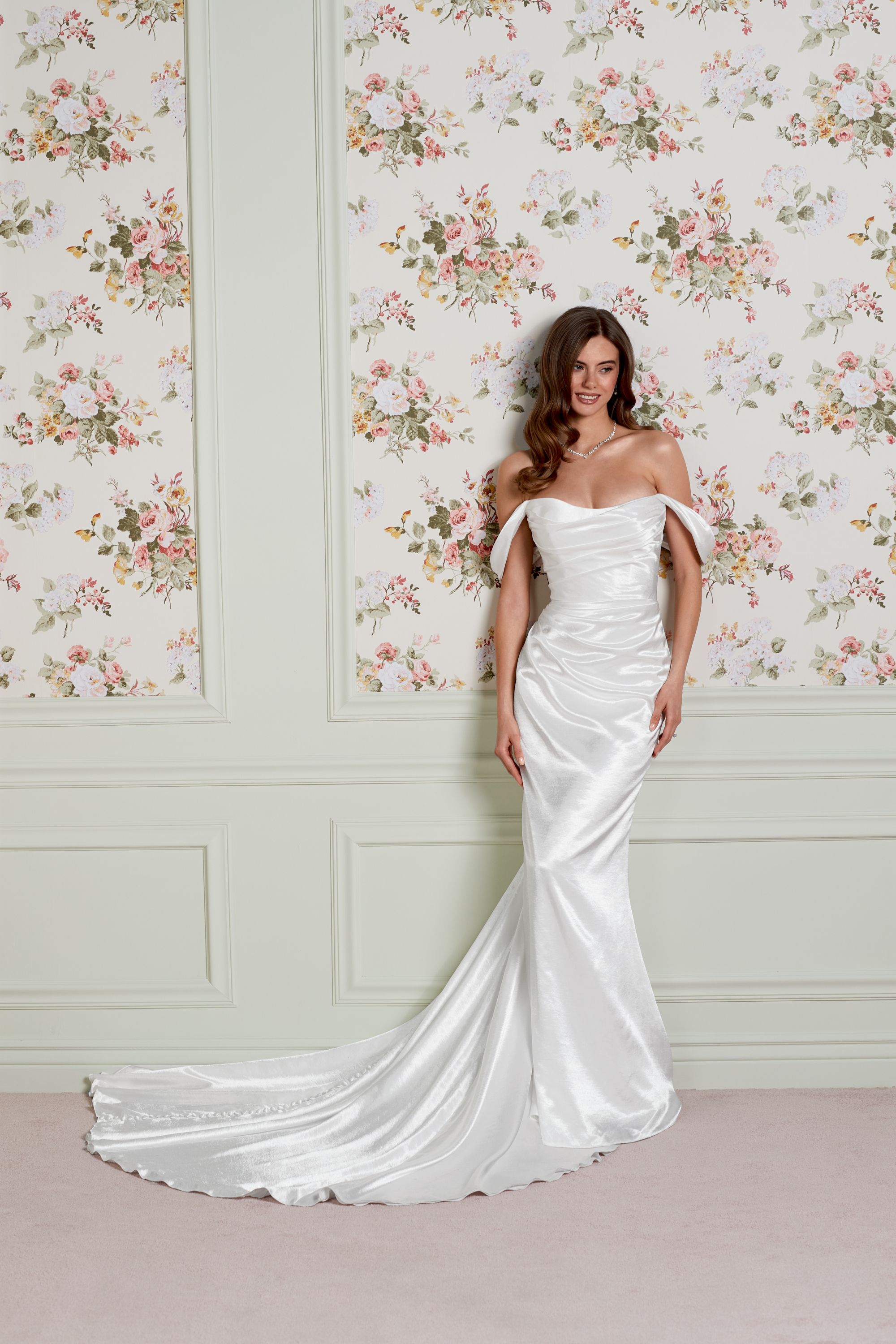 Adore by Justin Alexander Style 11455 Shirley Satin Fit and Flare Bridal Gown with Ruched Bodice and Asymmetrical Draping Across Skirt
