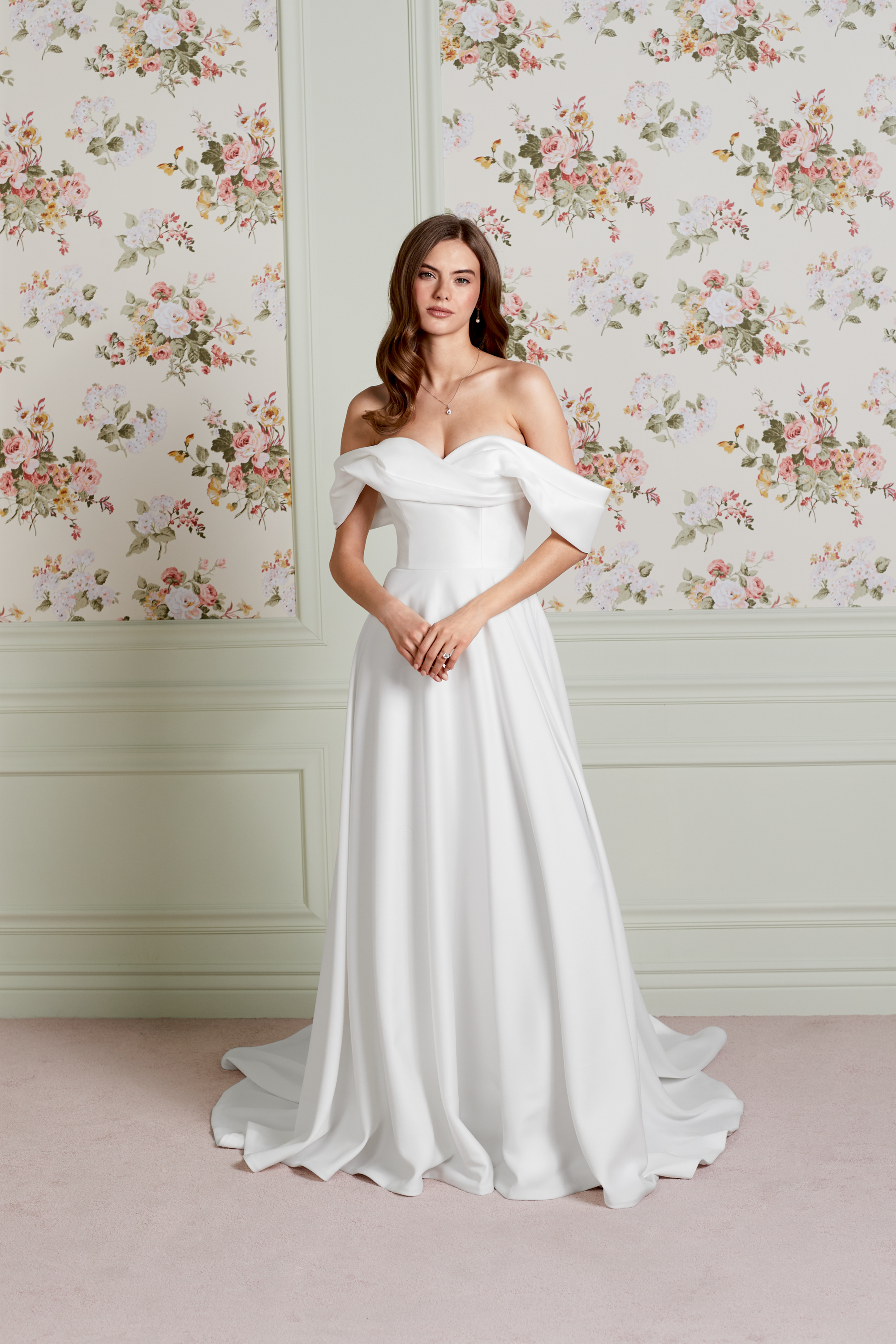 Adore by Justin Alexander Style 11456 Effie Crepe A-Line Bridal Gown with Off-the-Shoulder Pleated Neckline