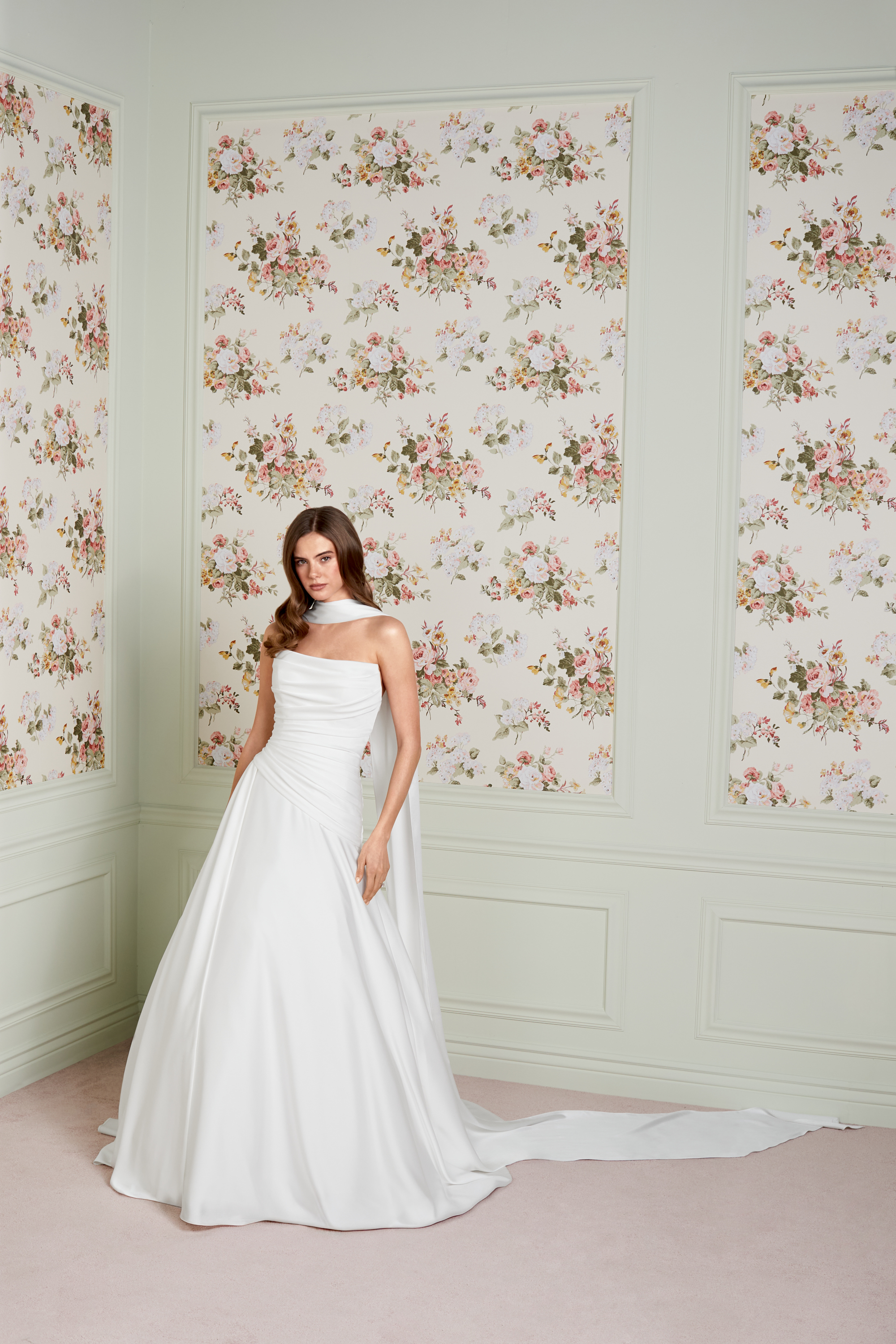 Adore by Justin Alexander Style 11457 Louella Charmeuse A-Line Bridal Gown with Ruched Bodice and Asymmetrical Waistline