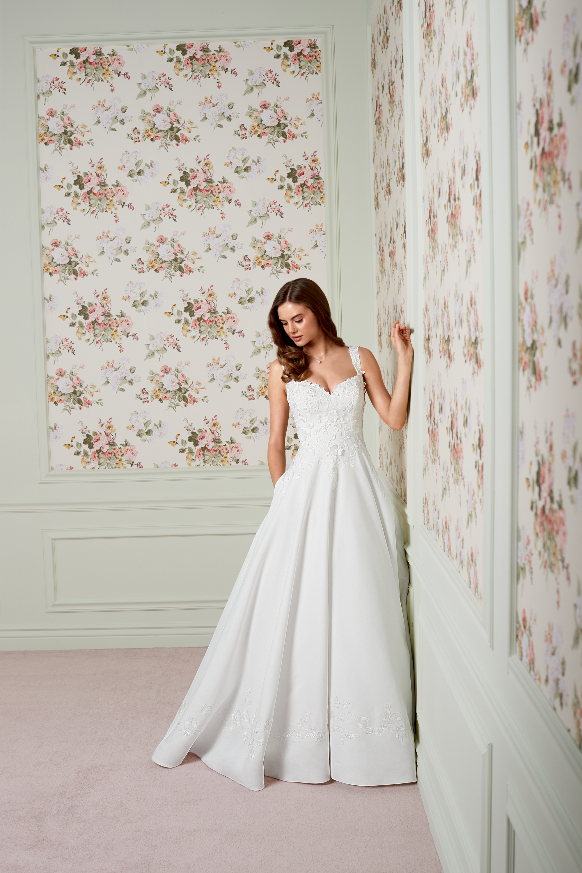 Adore by Justin Alexander Style 11461 Araminta Satin A-Line Gown with Matte Floral Lace Appliqués and 3D Floral Details on the Bodice, Basque Waistline, and Pockets