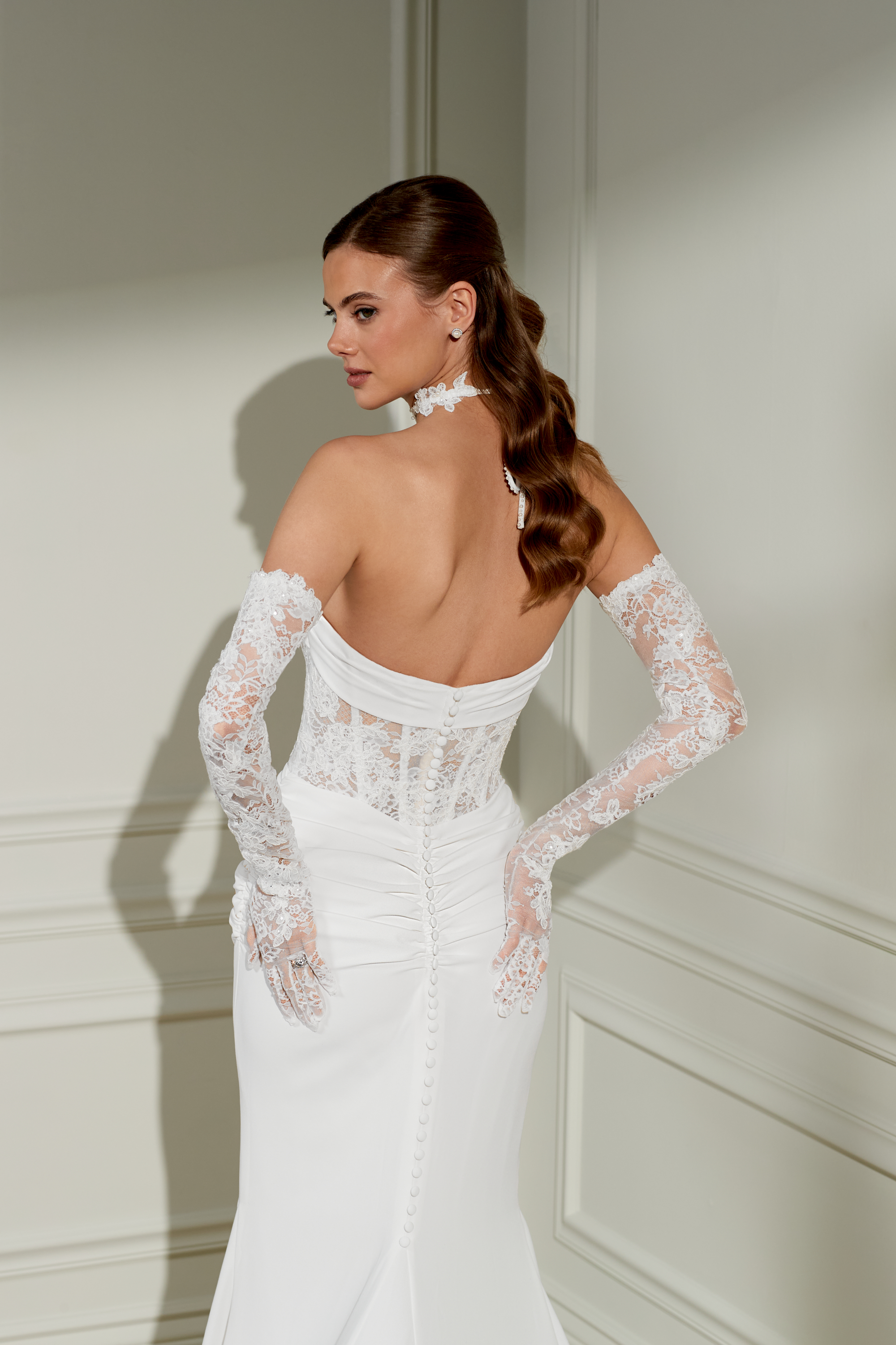 Adore by Justin Alexander Style 11462CH Vera Choker Lace Choker with Sequin Corded Lace Appliqués and Embroidered Pearls