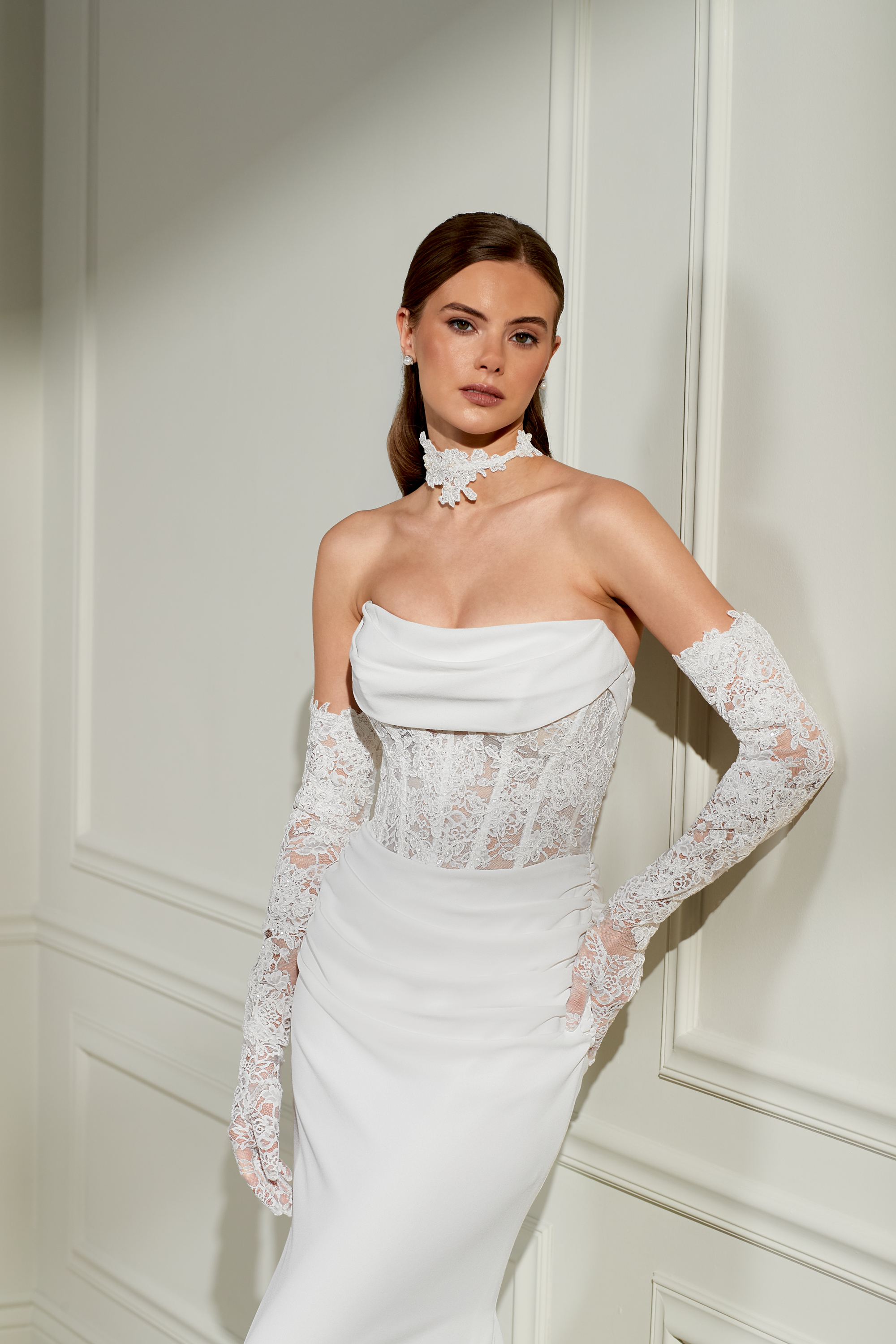 Adore by Justin Alexander Style 11462G Vera Gloves Chantilly Lace Gloves Adorned with Sequined Corded Lace Appliqués