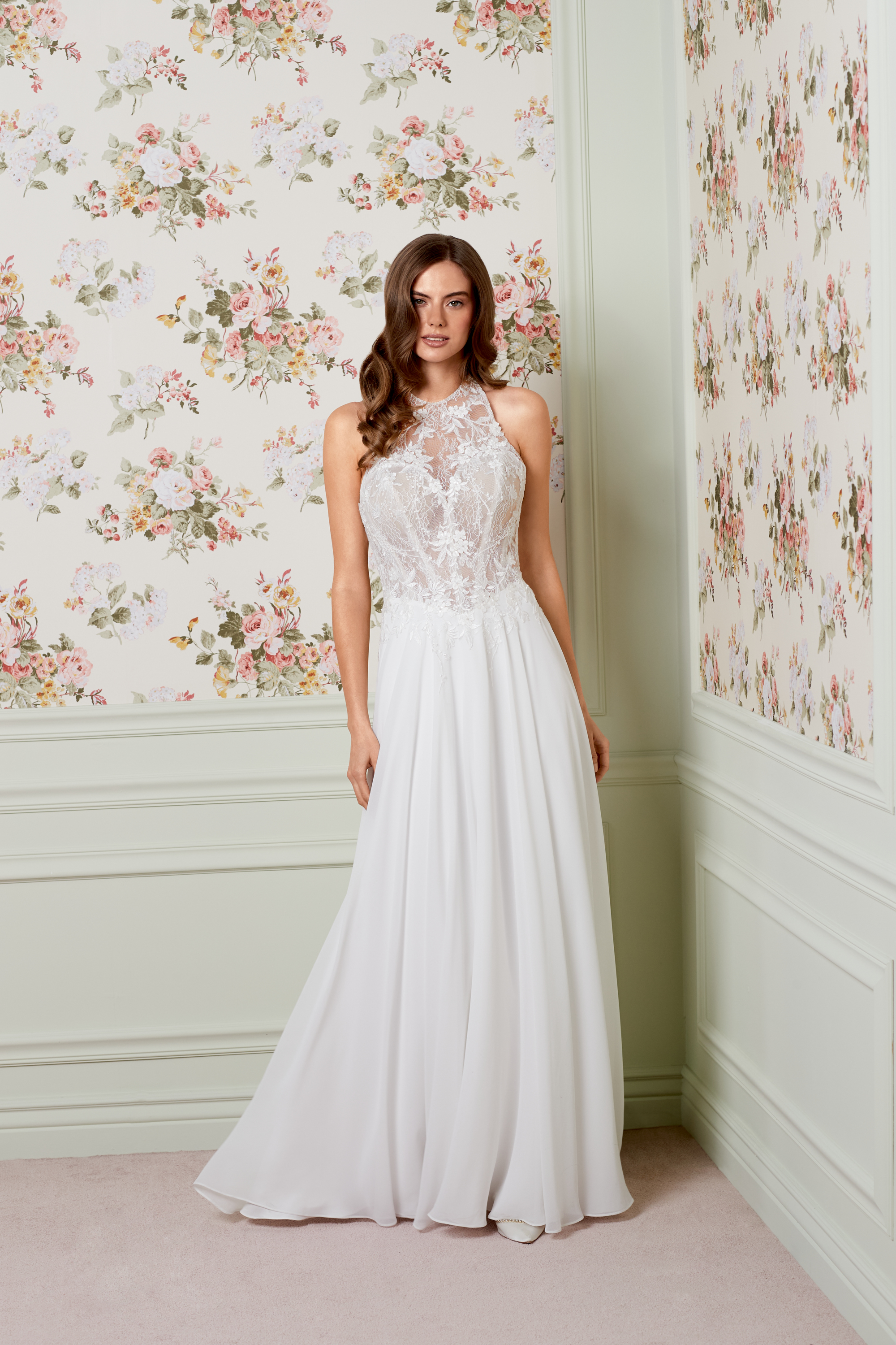 Adore by Justin Alexander Style 11463 Hazel Chiffon A-Line Gown with Halter Neckline, Sheer Bodice with Exposed Boning, and Basque Waistline