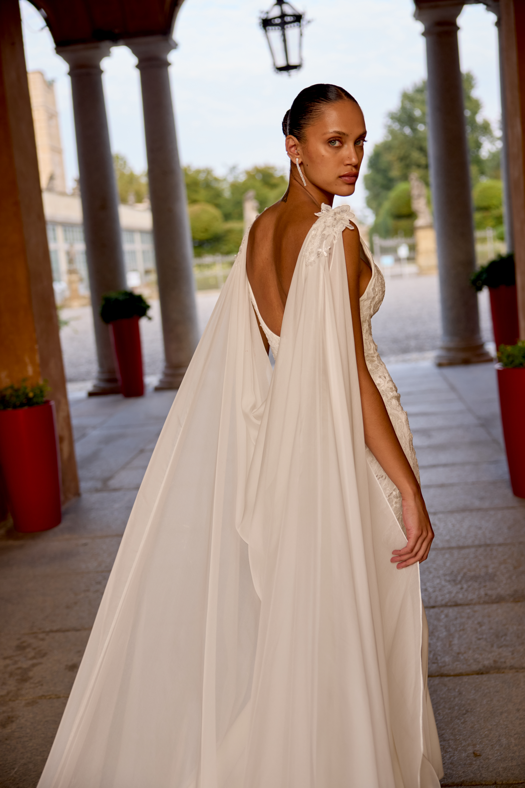 Justin Alexander Style 88202C Cora Cape Chiffon Cape with Cowl Back