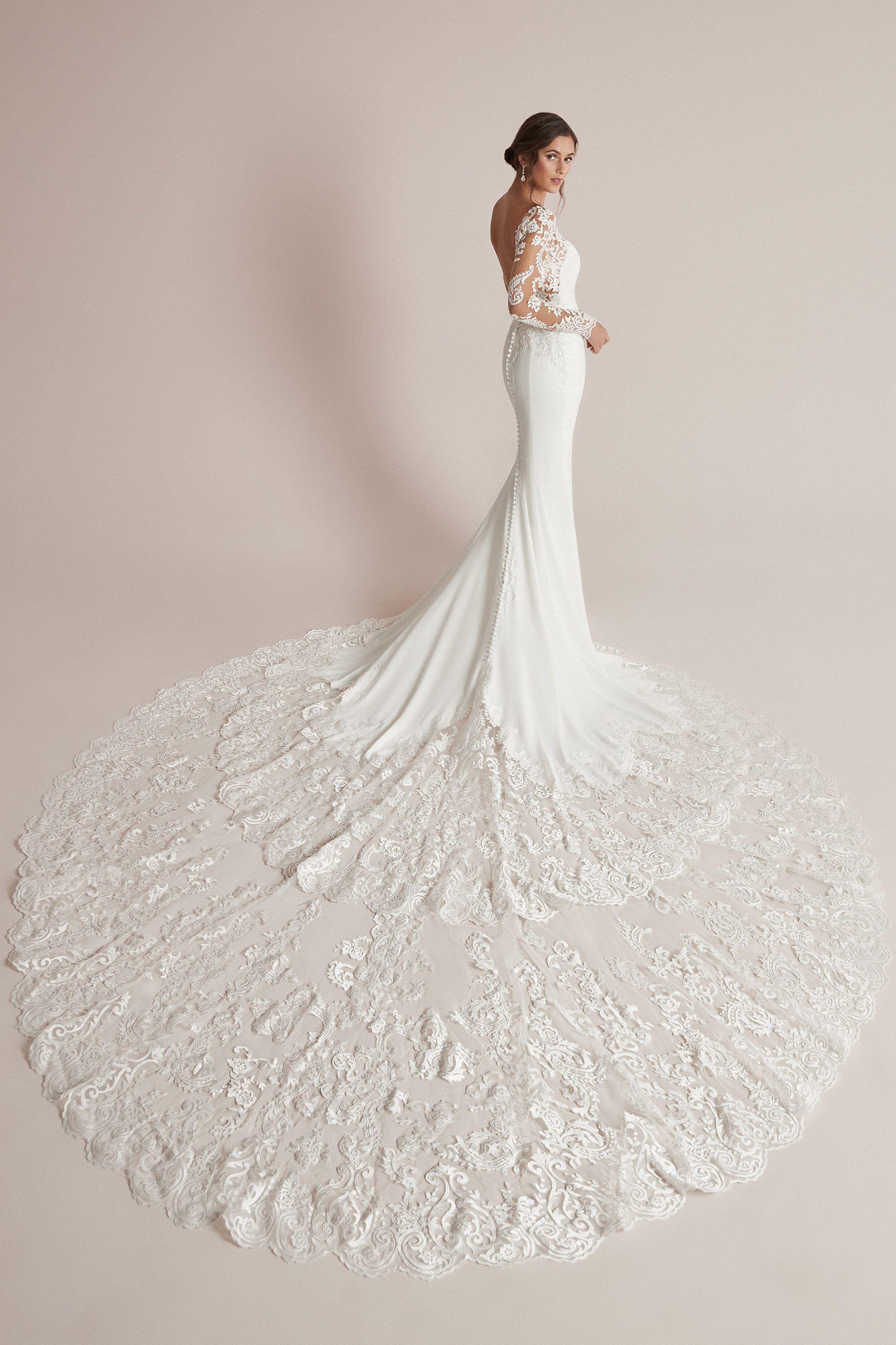 Justin Alexander Style 88206 Callie Long Sleeve Fit and Flare Dress with Detachable Illusion Train