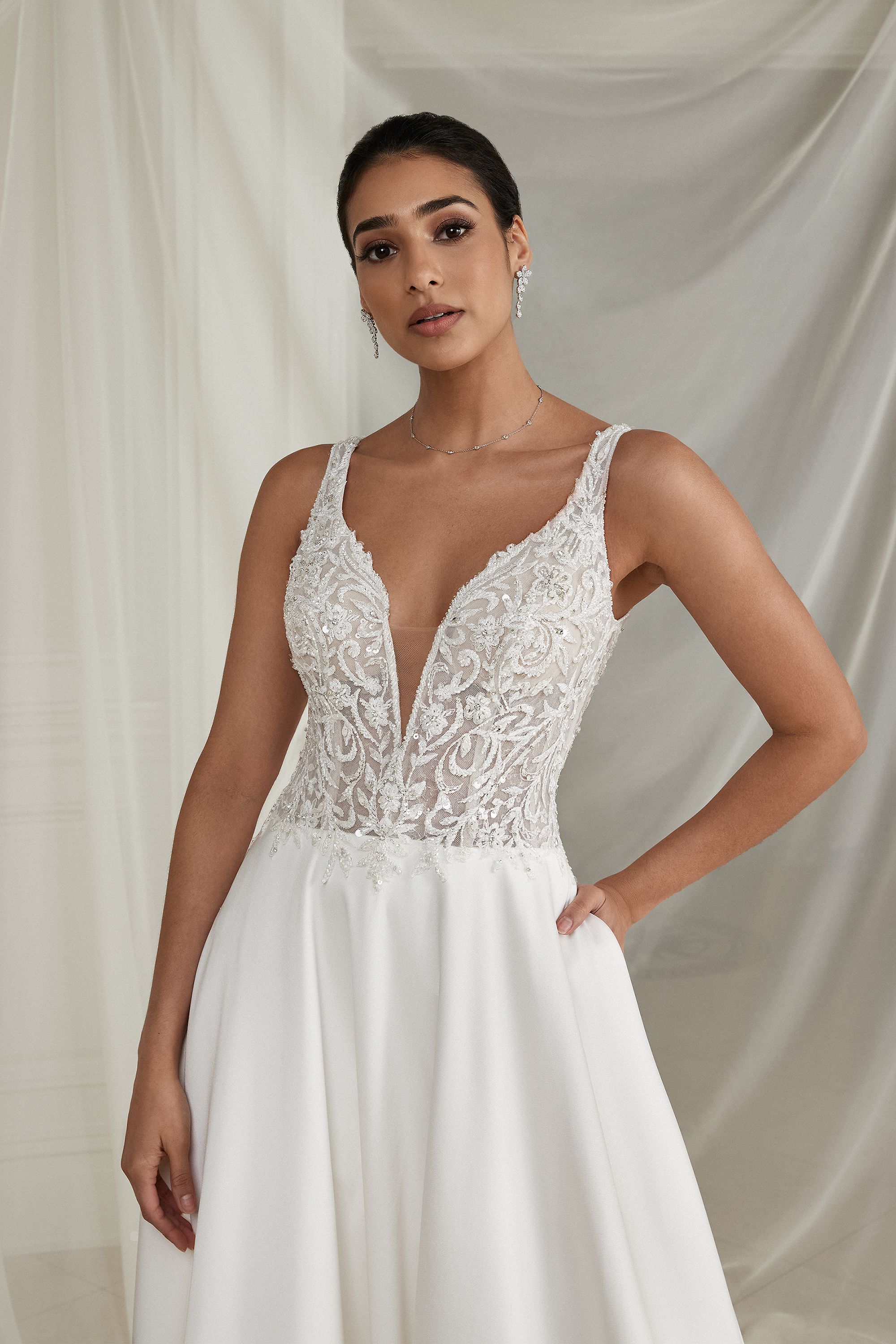 Elma: Mikado A-Line Gown with Beaded Bodice and Plunging V
