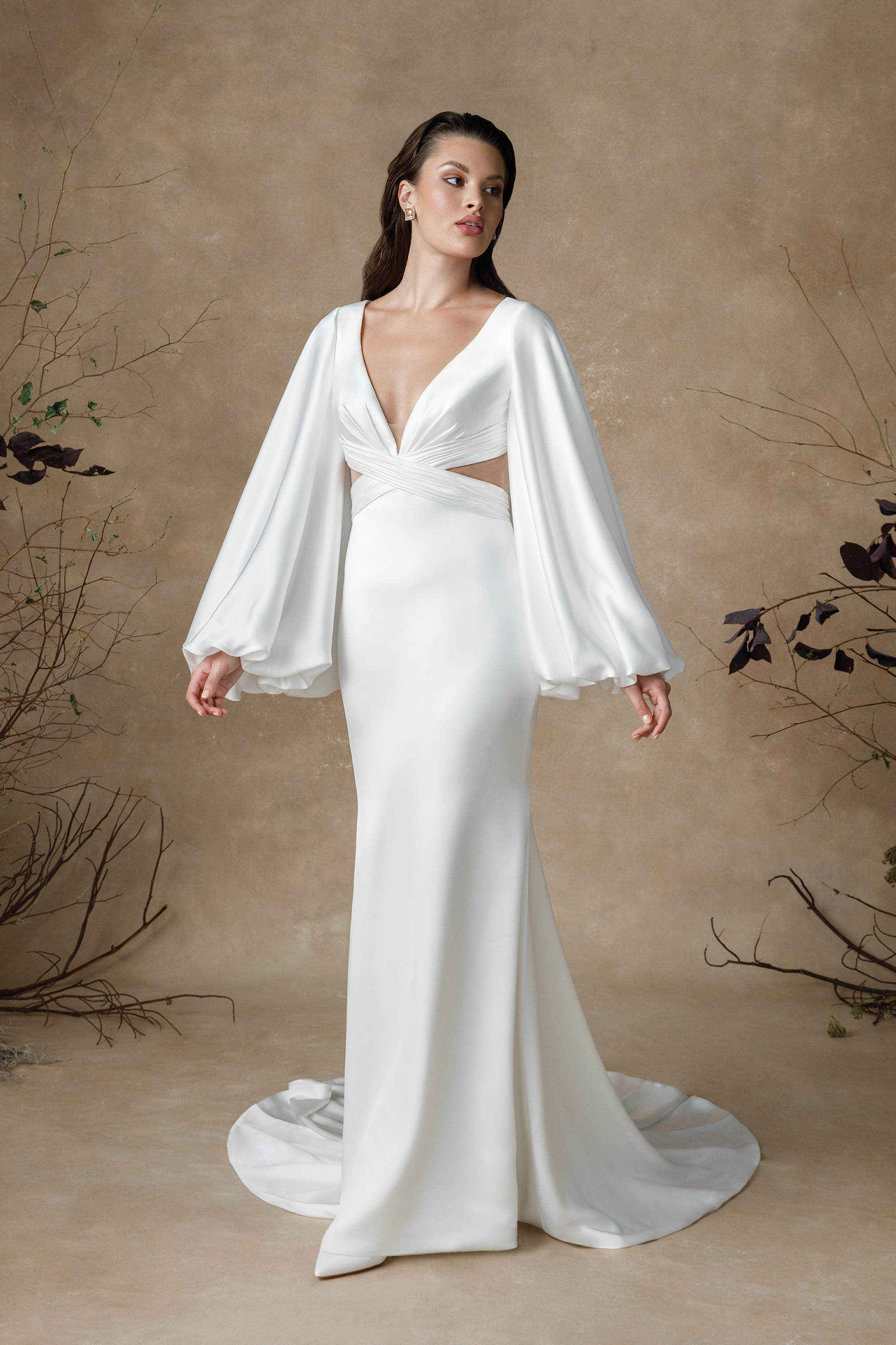 Justin Alexander Style 88322 Giuseppa Charmeuse V-Neck Fit and Flare Wedding Dress with Blouson Sleeves