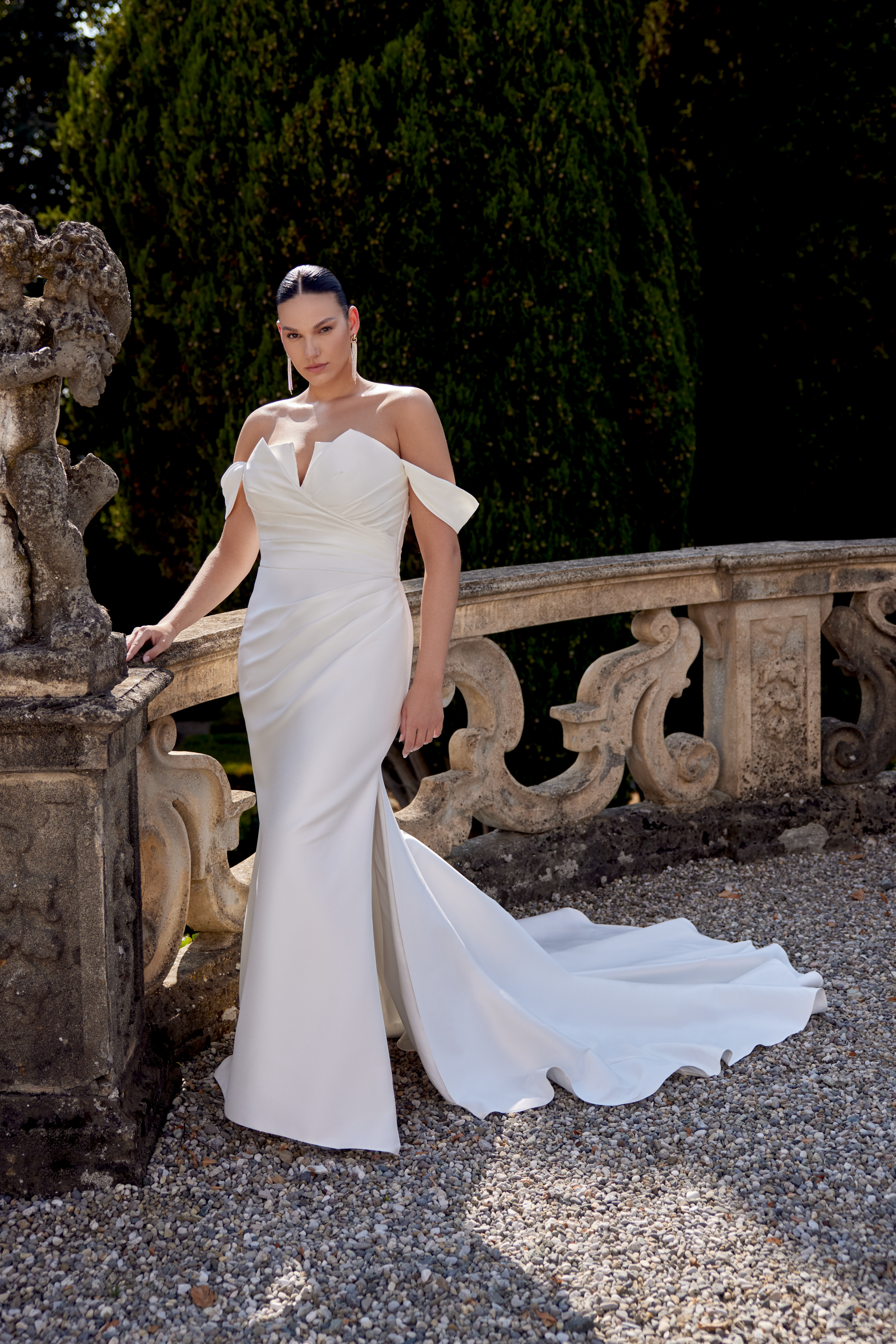 Justin Alexander Style 88381PS Indigo PS Notch Neckline Stretch Mikado Fit and Flare Plus Size Gown with Pleated Accents