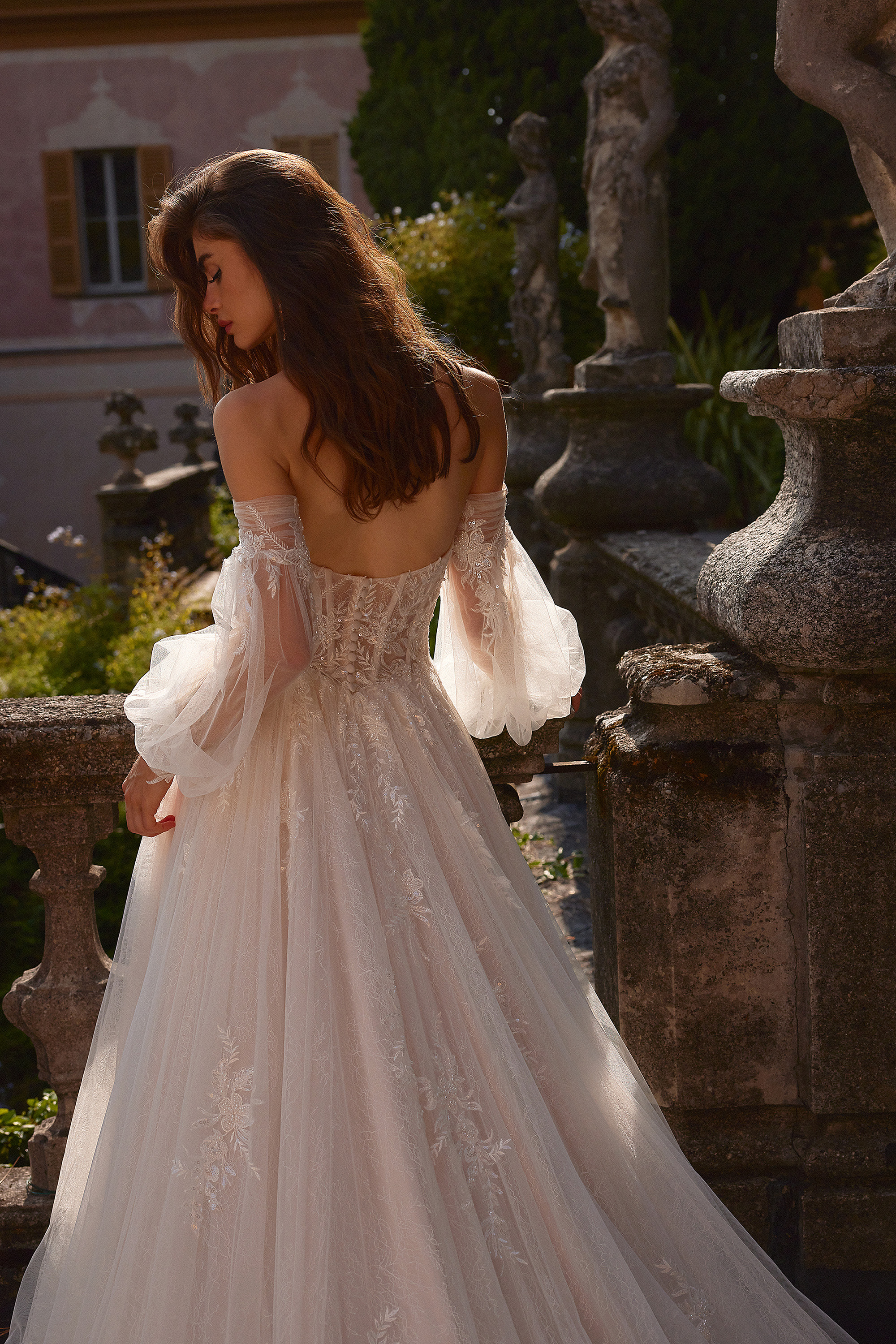 Justin Alexander Style 88398SL Iverson Sleeves Off The Shoulder Bishop Sleeves with Beaded and Lace Appliqués