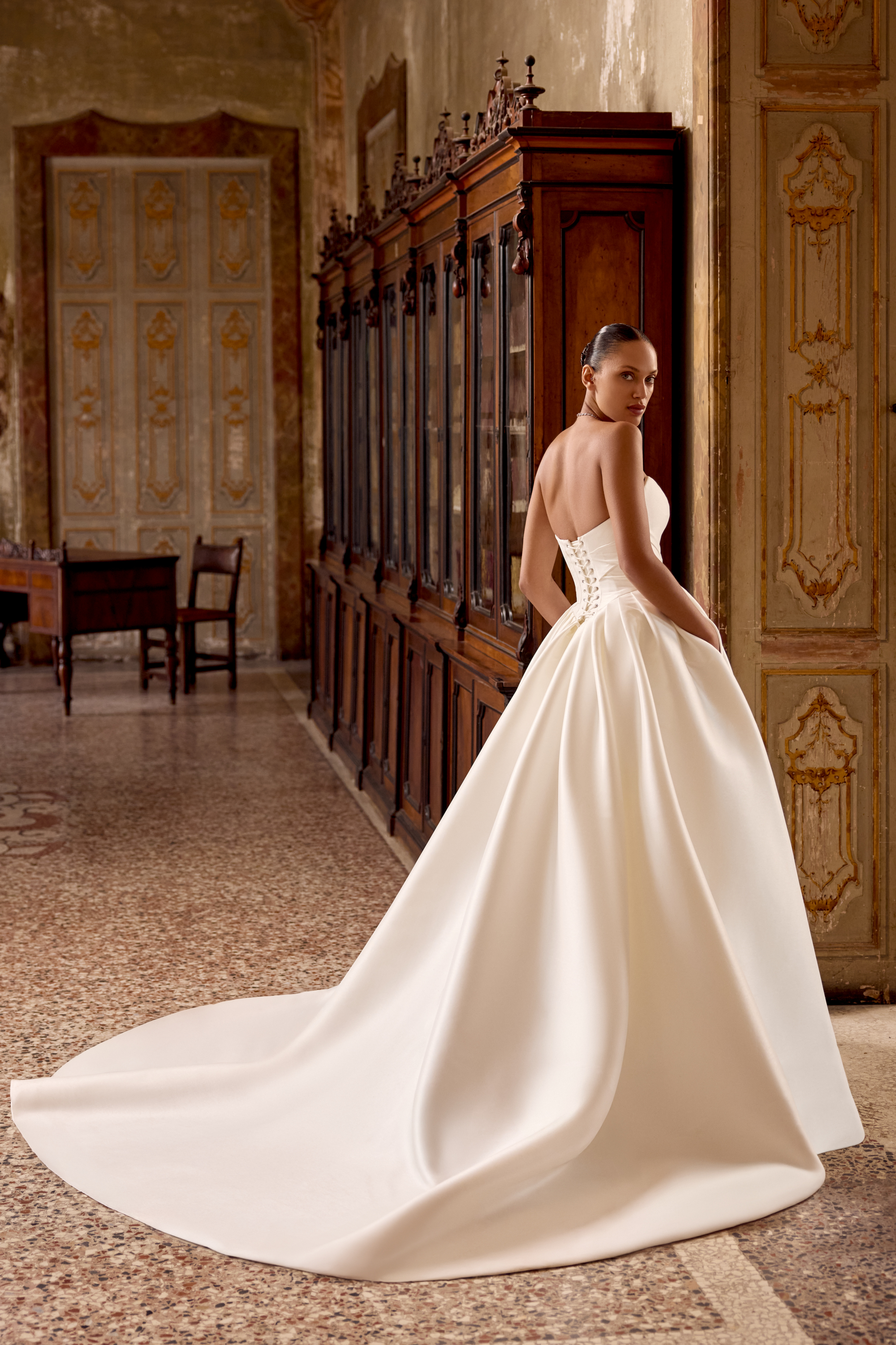 Justin Alexander Style 88436 Mikado Ball Gown with Ruched Bodice and Basque Waistline