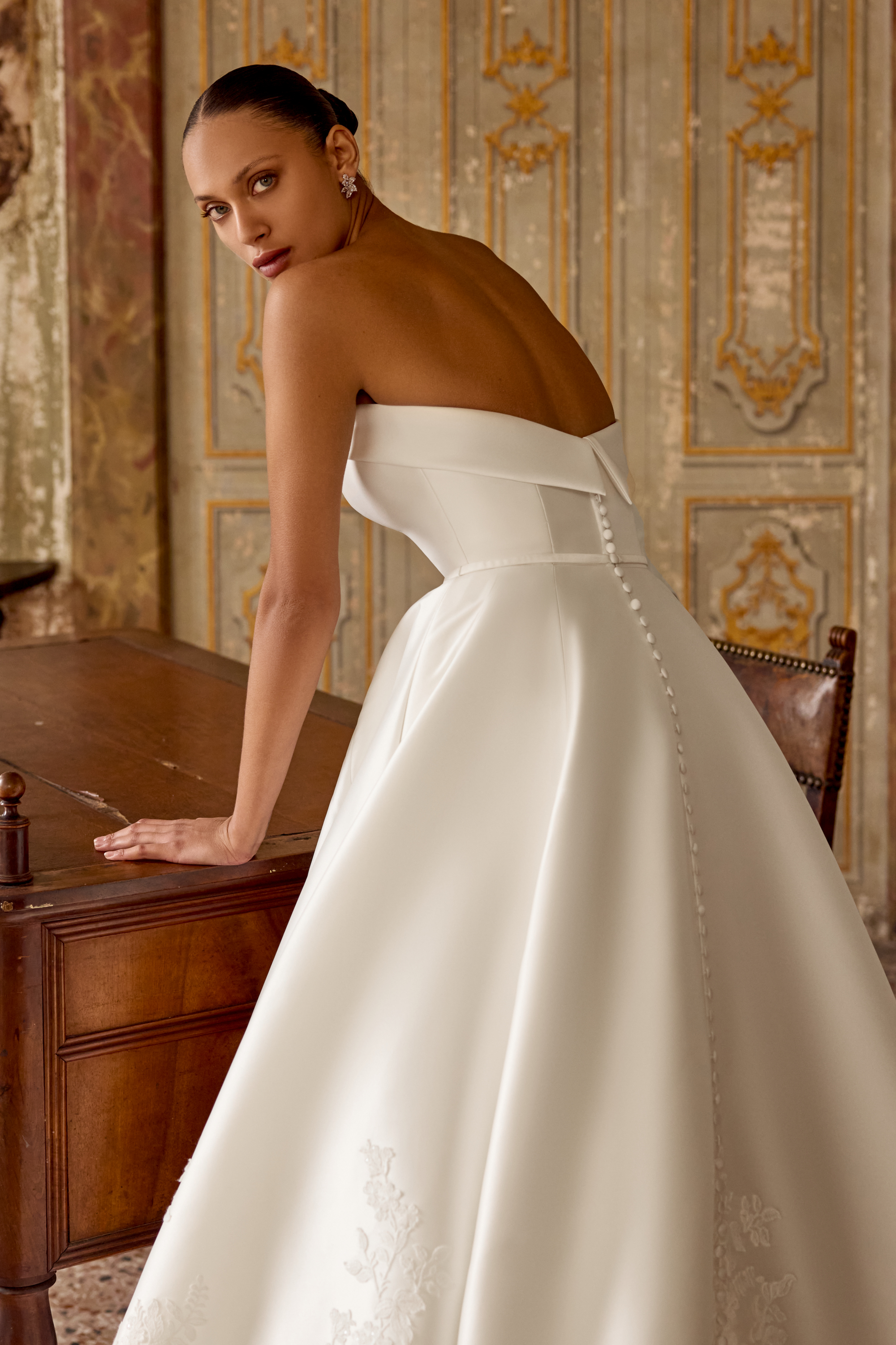 Jersey: Mikado A-Line Gown with Sequined Lace and Dramatic
