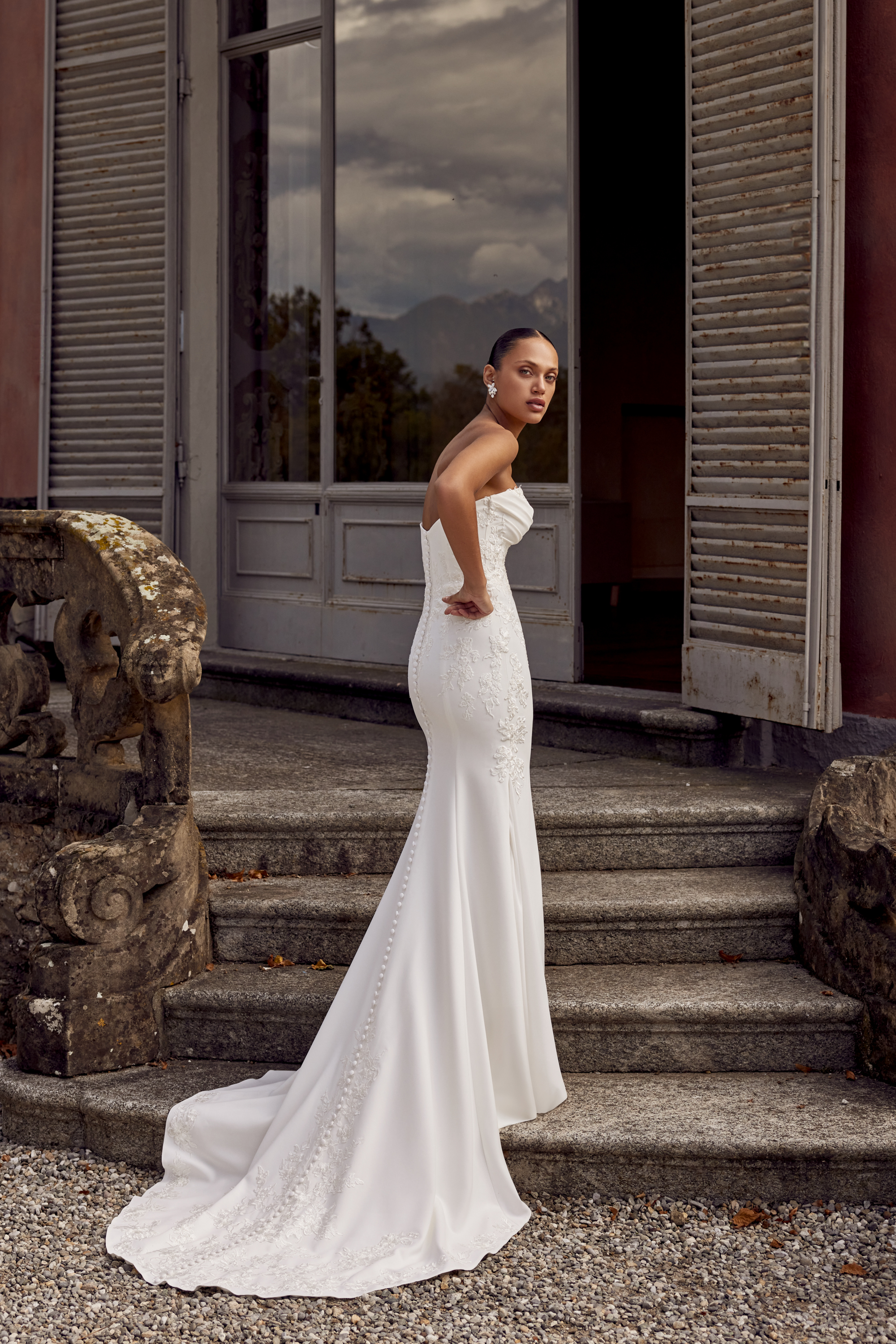 Justin Alexander Style 88439 Stretch Crepe Fit and Flare Gown with Matte Lace Appliqués