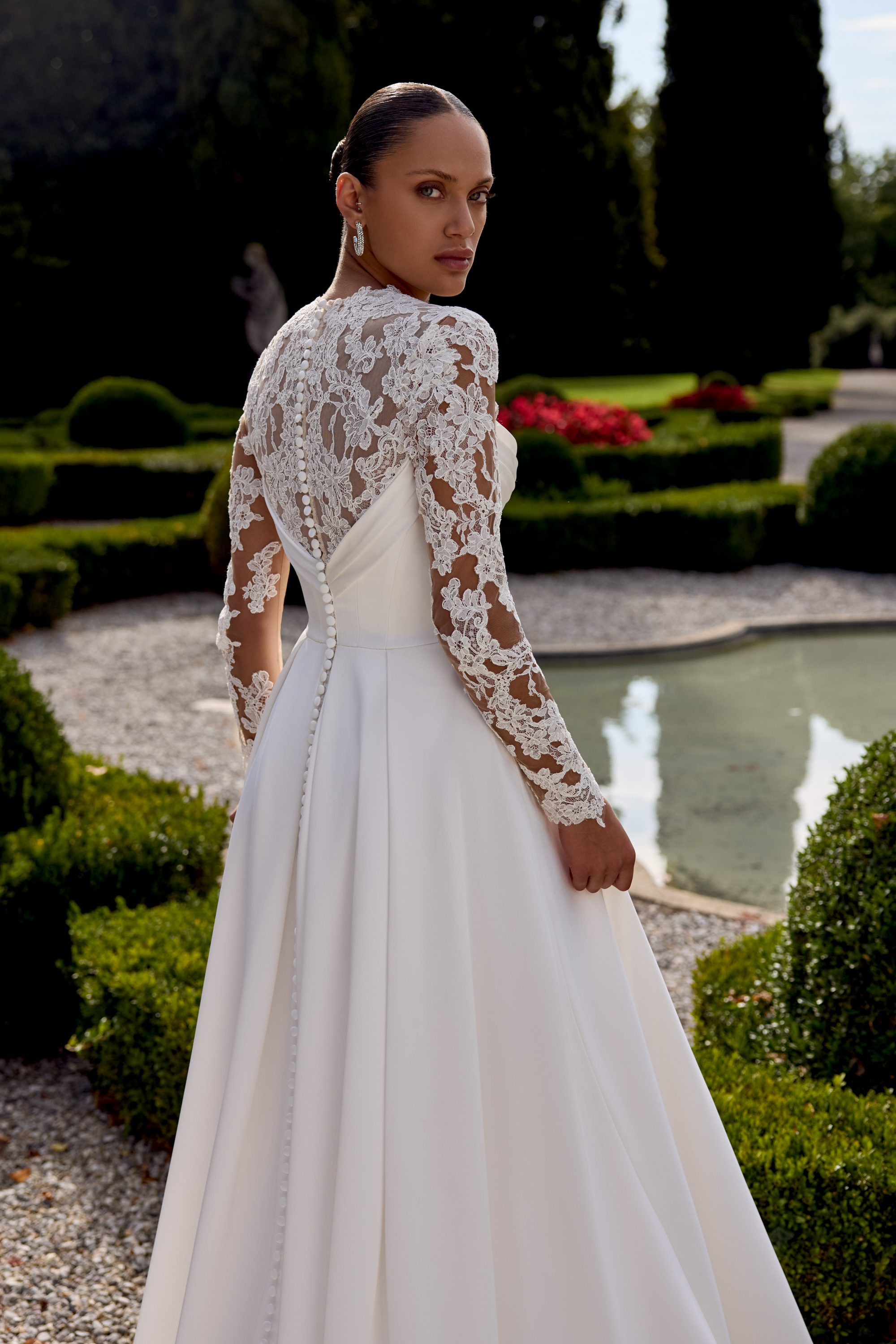 Justin Alexander Style 88442 Charmeuse A-Line Gown with Corded Alençon Lace Queen Anne Neckline