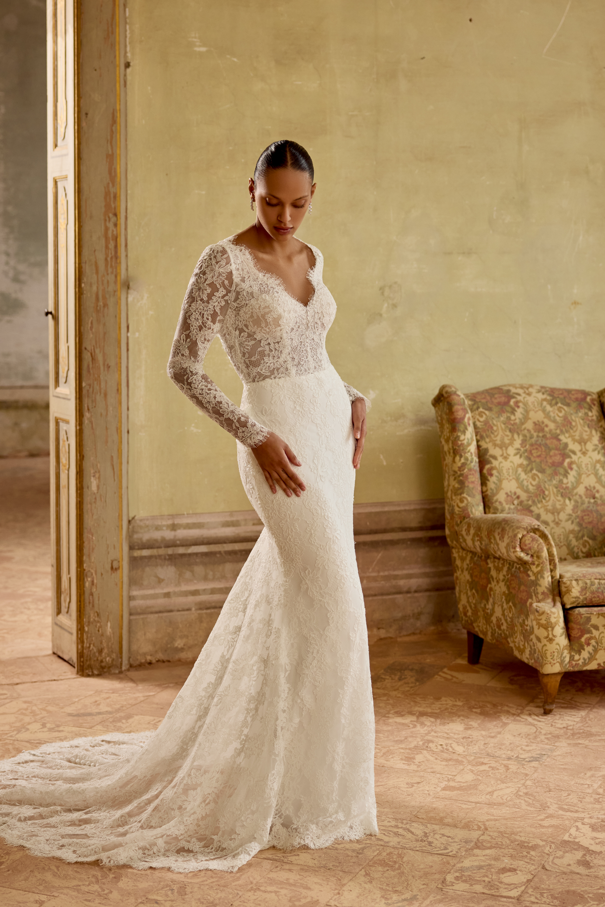 Justin Alexander Style 88443 Allover Corded Alençon Lace Fit and Flare Gown with Keyhole Back