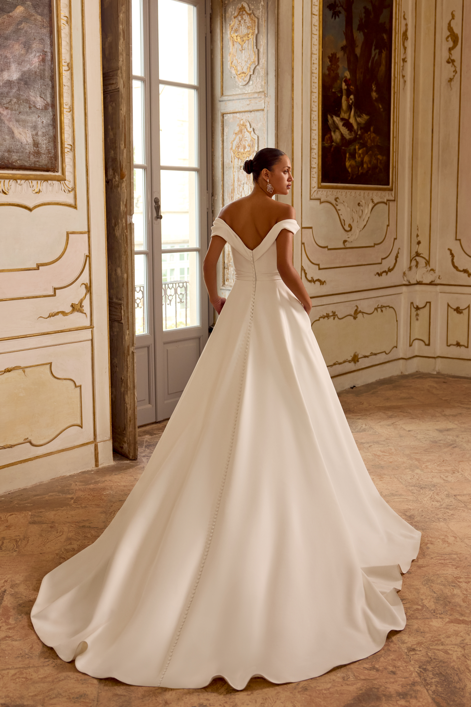 Justin Alexander Style 88446 A-Line Gown with Crepe Draped Bodice and Satin Skirt