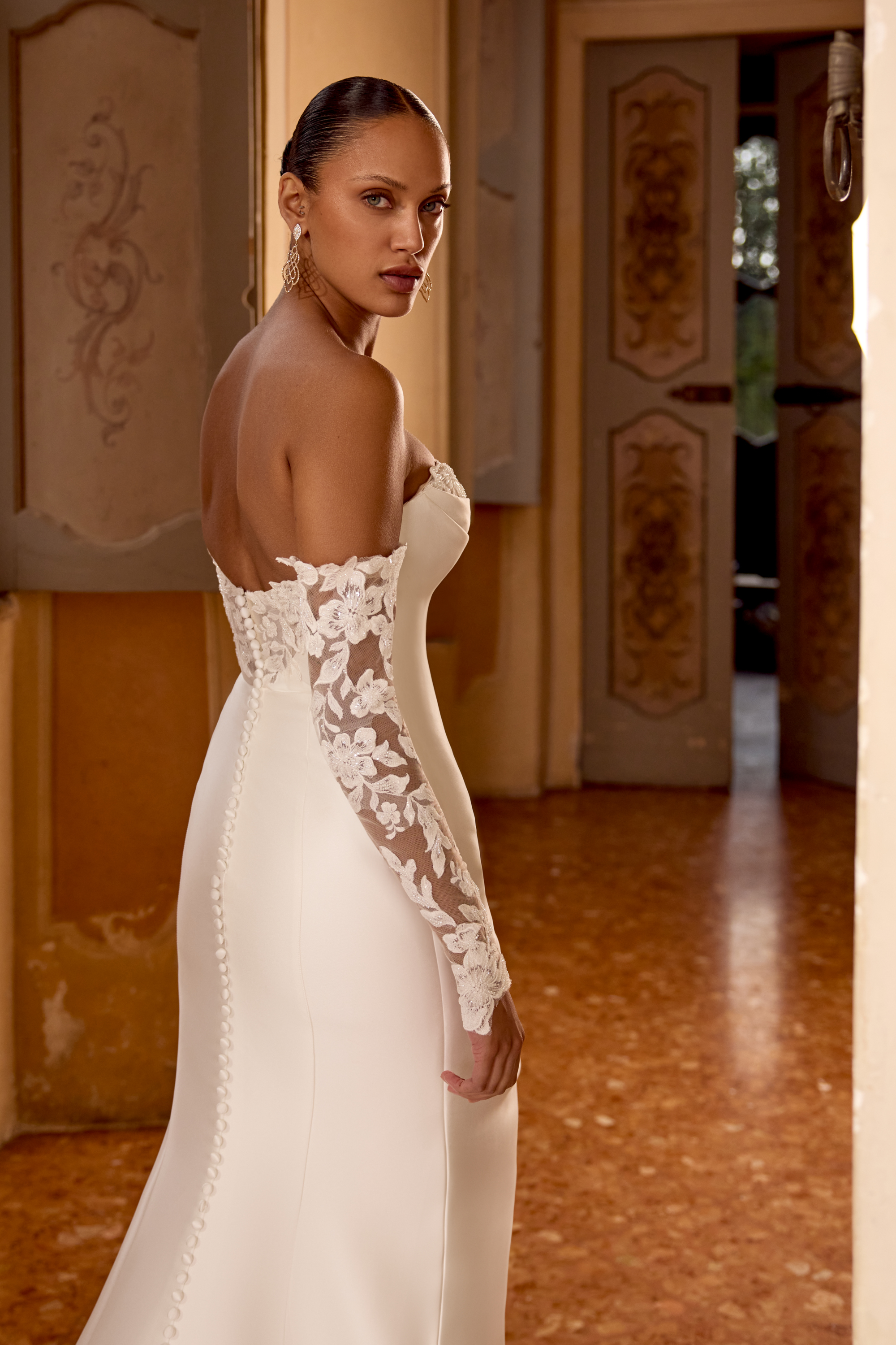 Justin Alexander Style 88447 Stretch Mikado Fit and Flare Gown with Peek-A-Boo Neckline