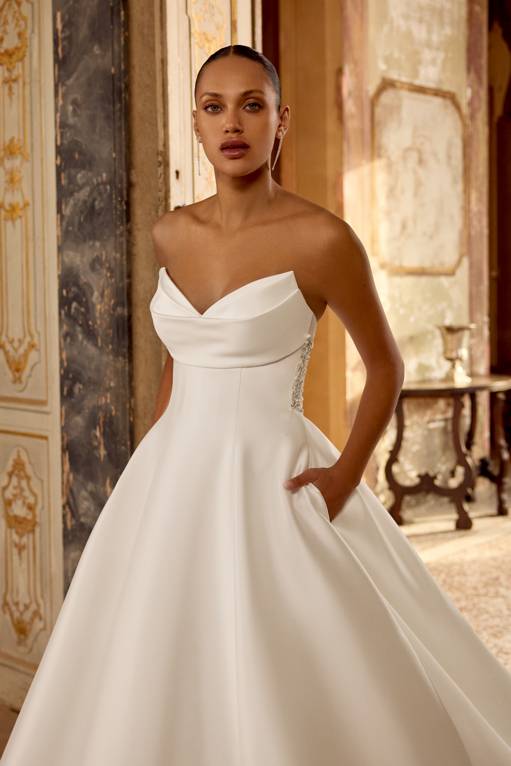 Justin Alexander Style 88448 Strapless Mikado A-Line Gown with Intricate Beaded Illusion Back