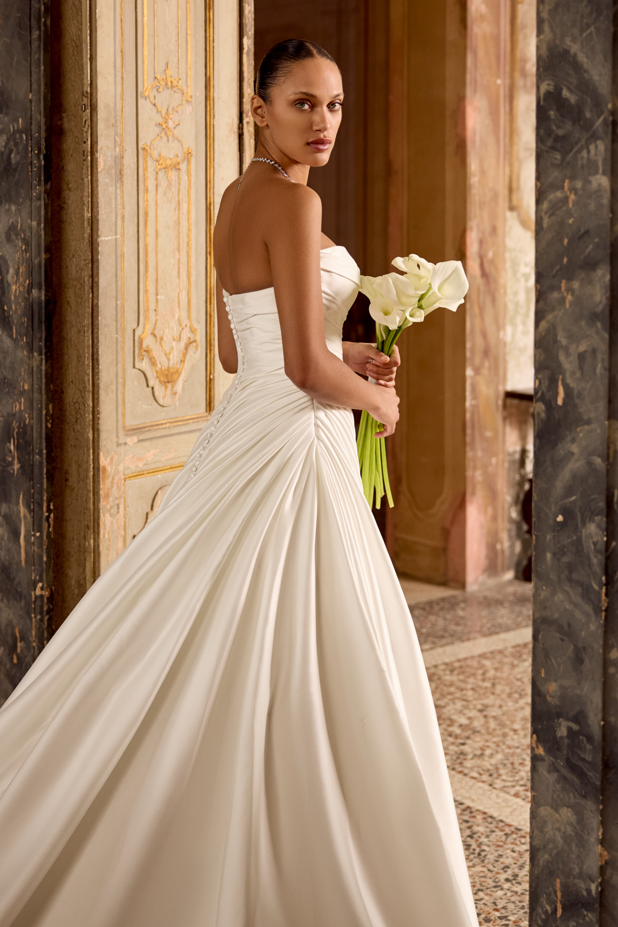 Justin Alexander Style 88451 Stretch Mikado A-Line Gown with Pleated Details on Bodice and Skirt