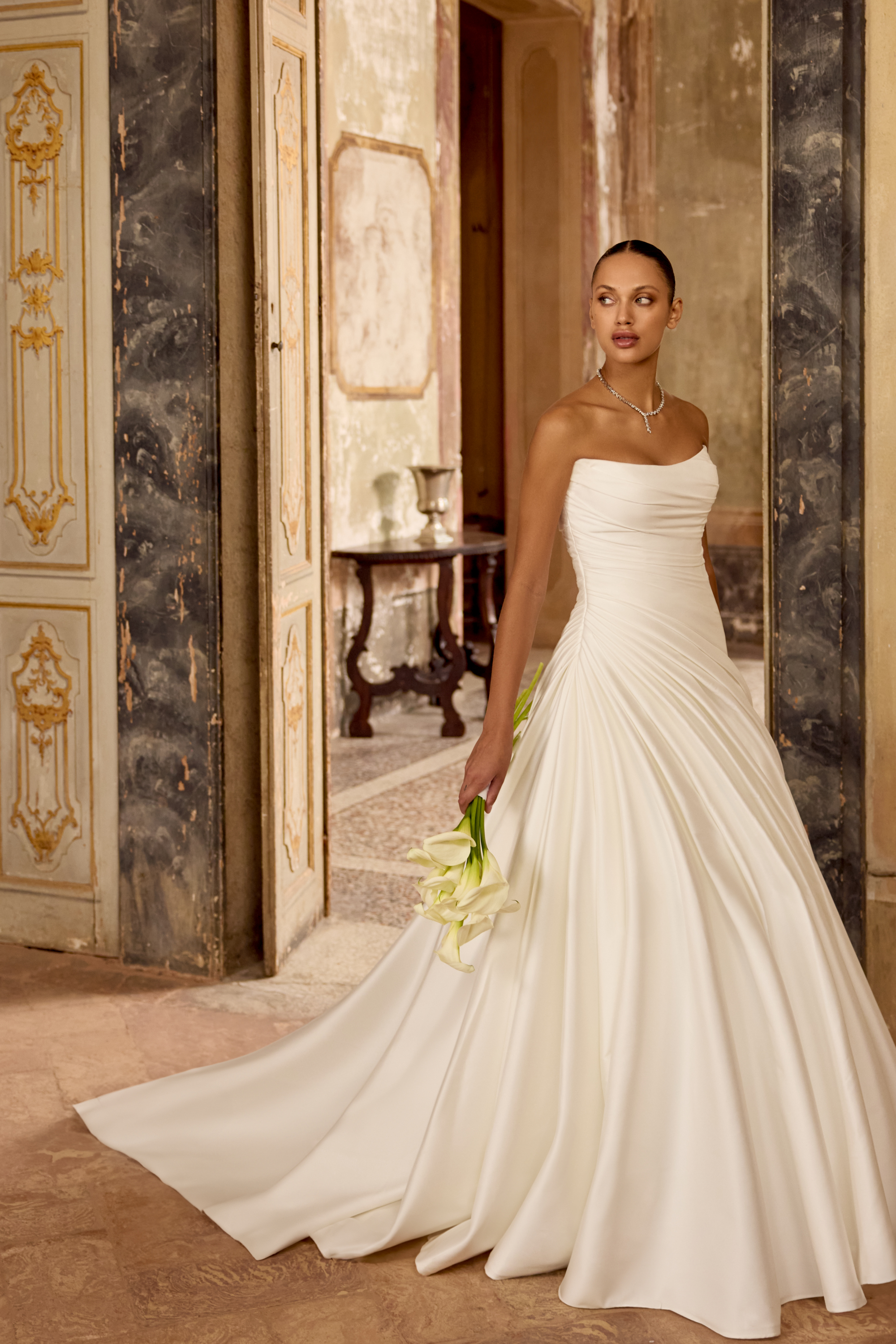 Justin Alexander Style 88451 Stretch Mikado A-Line Gown with Pleated Details on Bodice and Skirt