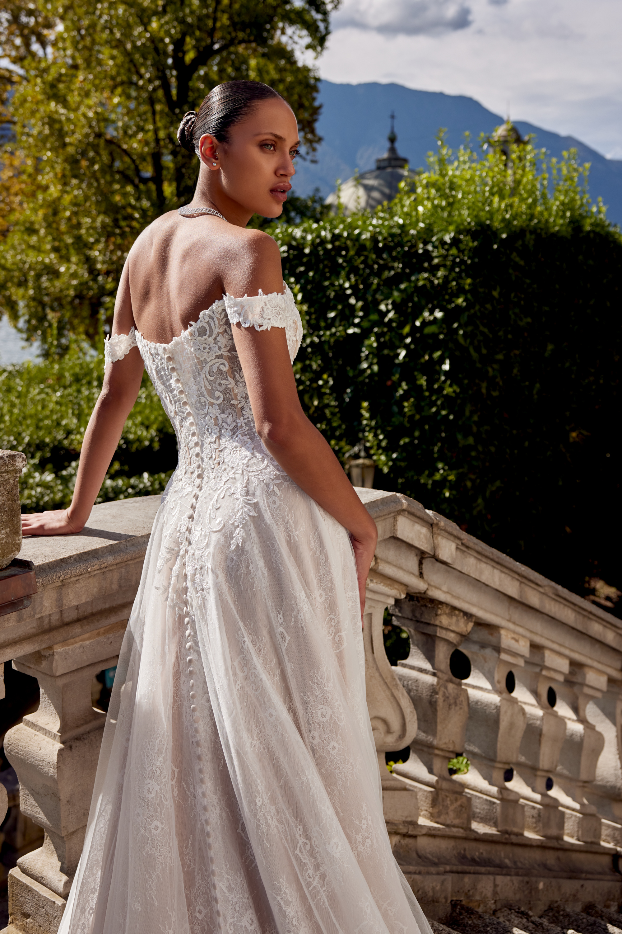 Justin Alexander Style 88459 Allover Lace Slim A-Line Gown with Off-The-Shoulder Straight Neckline
