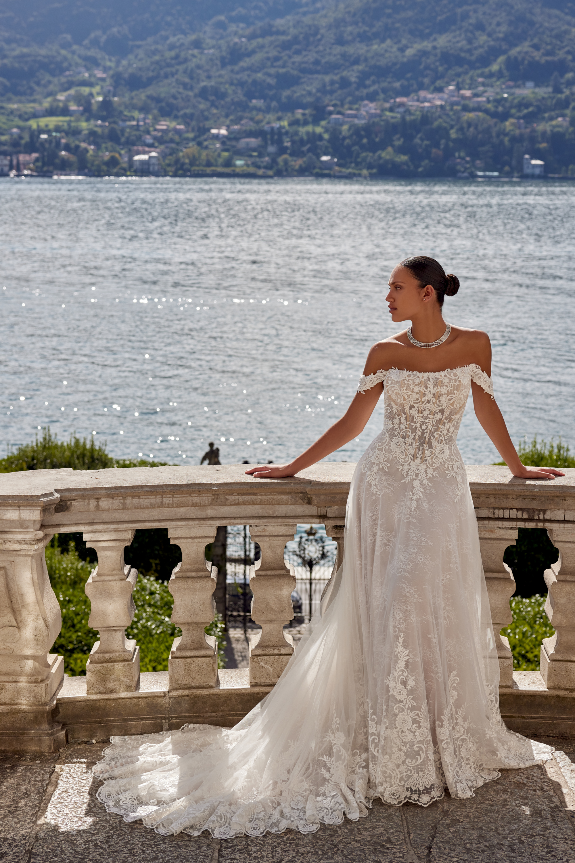 Justin Alexander Style 88459 Allover Lace Slim A-Line Gown with Off-The-Shoulder Straight Neckline