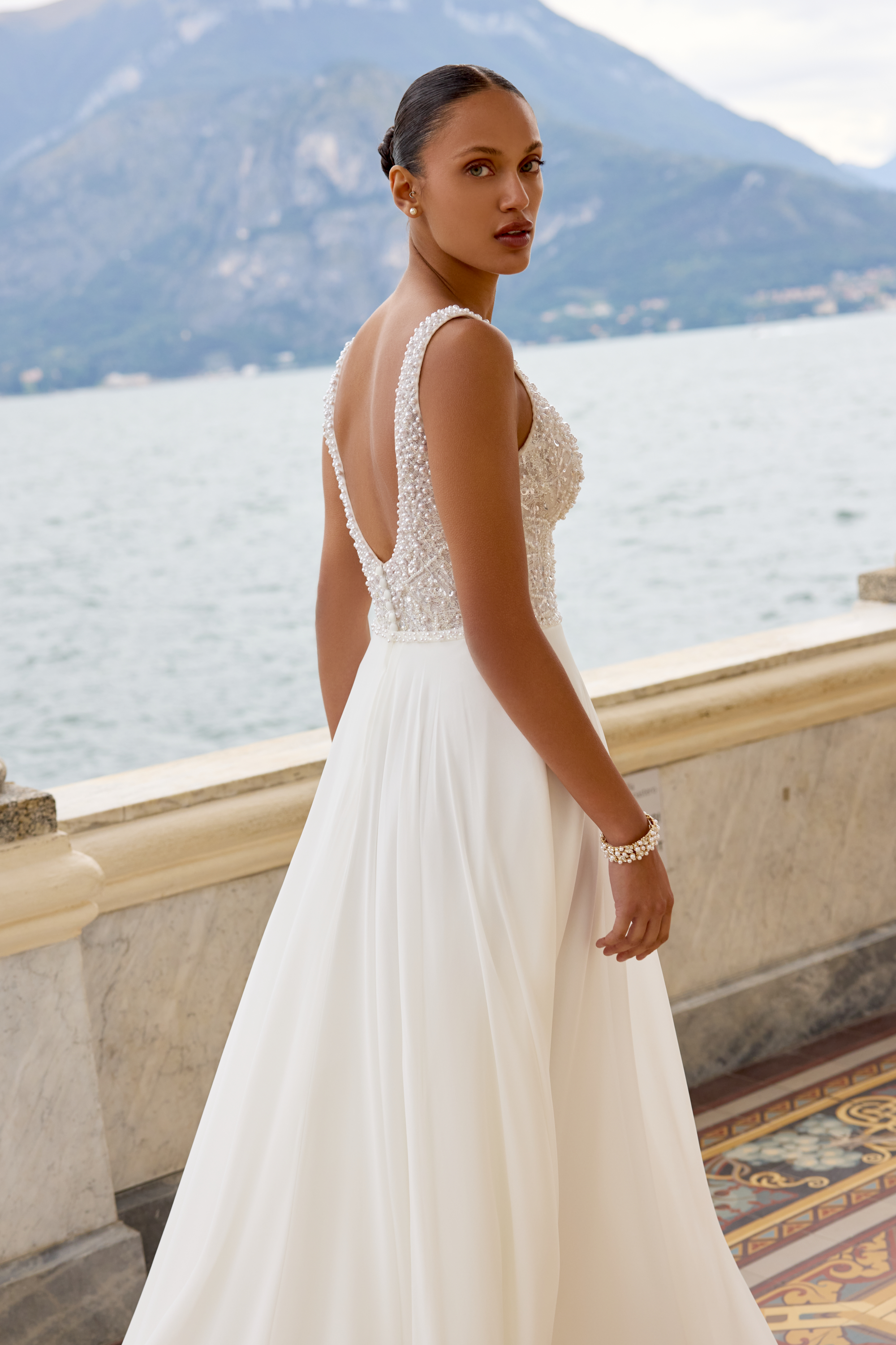 Justin Alexander Style 88460 Beaded A-Line Gown with V-Neckline and Flowing Chiffon Skirt
