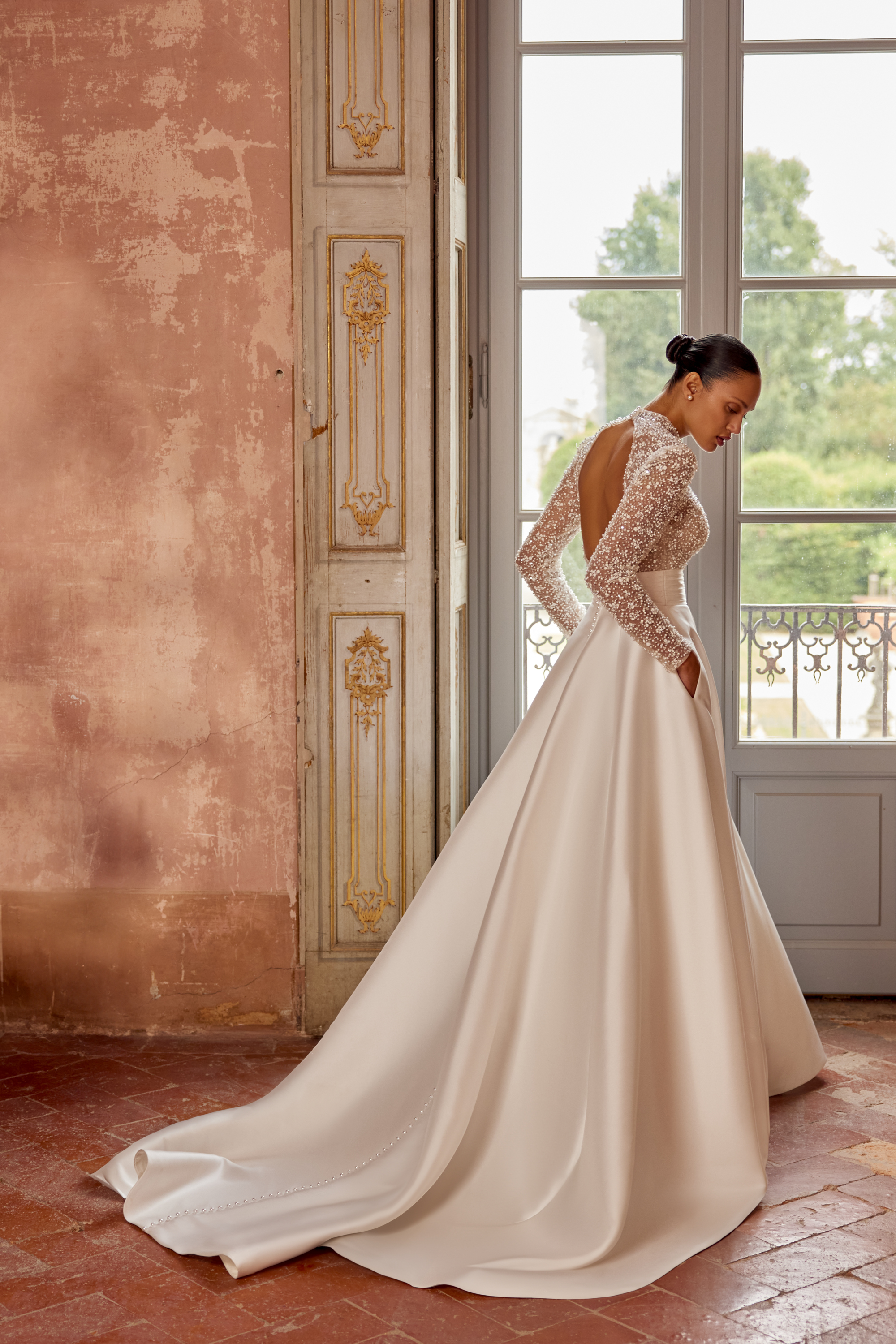 Justin Alexander Style 88464 Mikado A-Line Gown with High Collar Neckline and Beaded Bodice