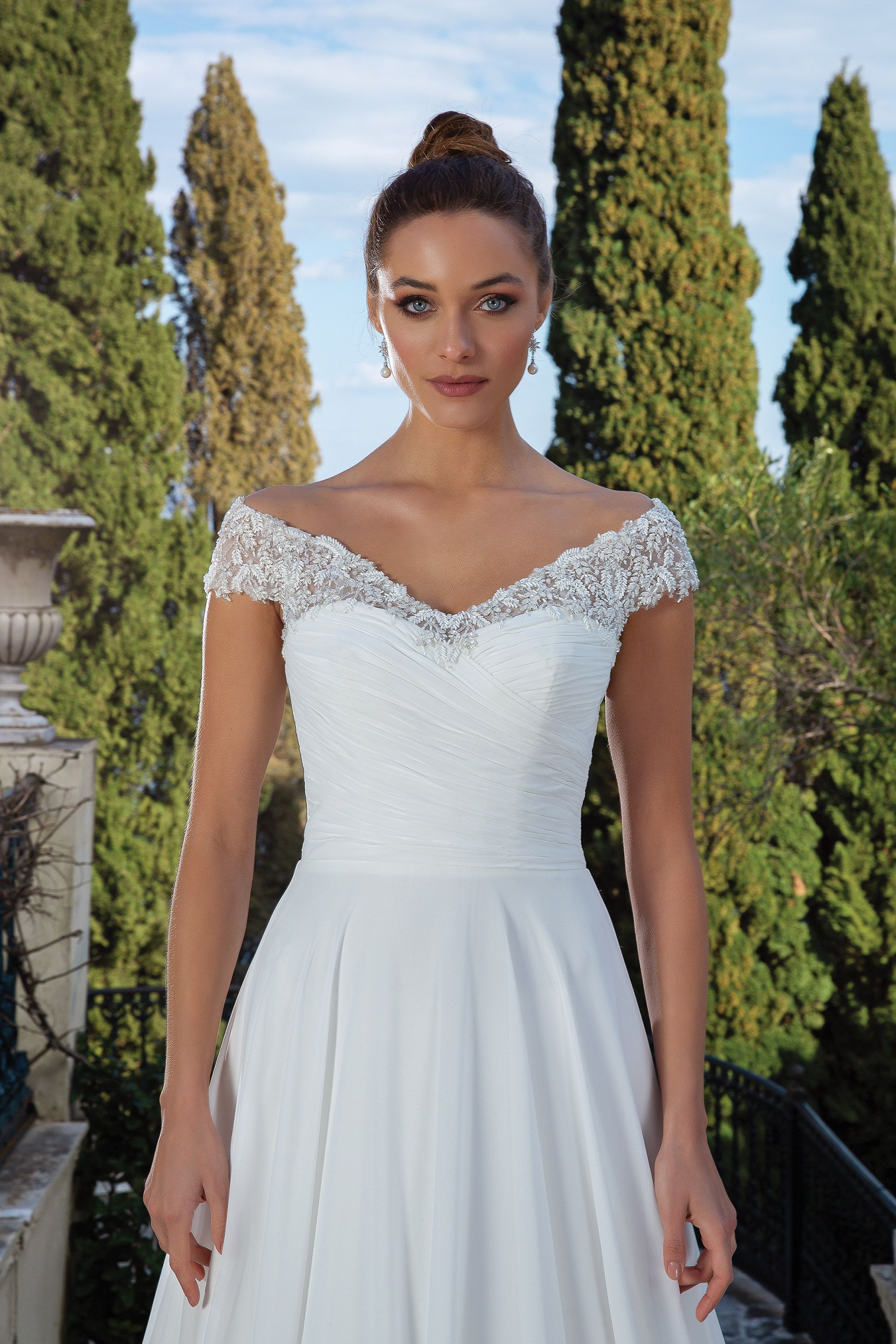 Justin Alexander Style 88113 V-Neck A-Line Gown with Beaded Neckline