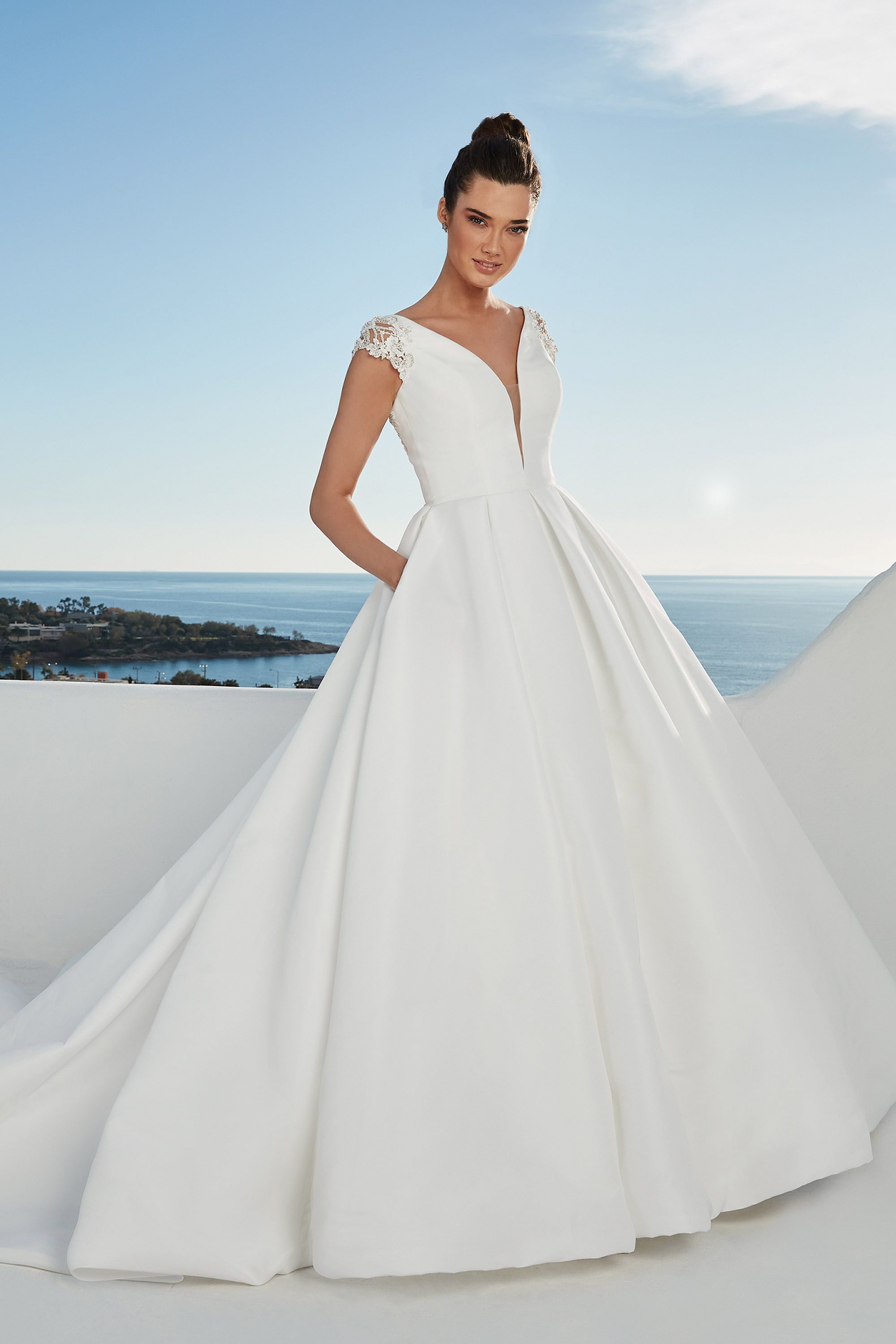 Brighton: Faille Ball Gown with Cap Sleeves and Box Pleats
