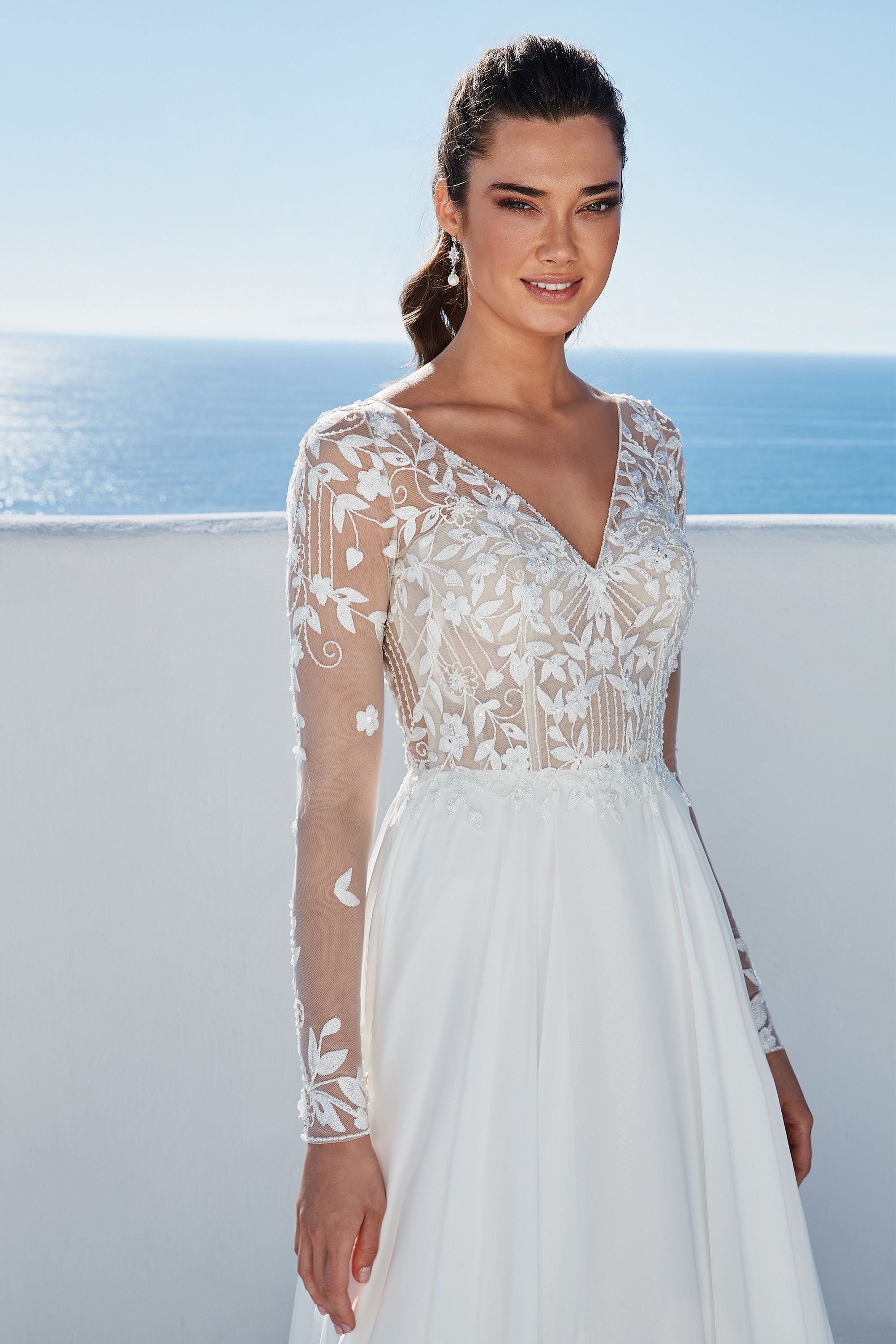 Justin Alexander Style 88182 Braelynn Chiffon Skirt A-Line Gown with Illusion Back and Pearl Buttons