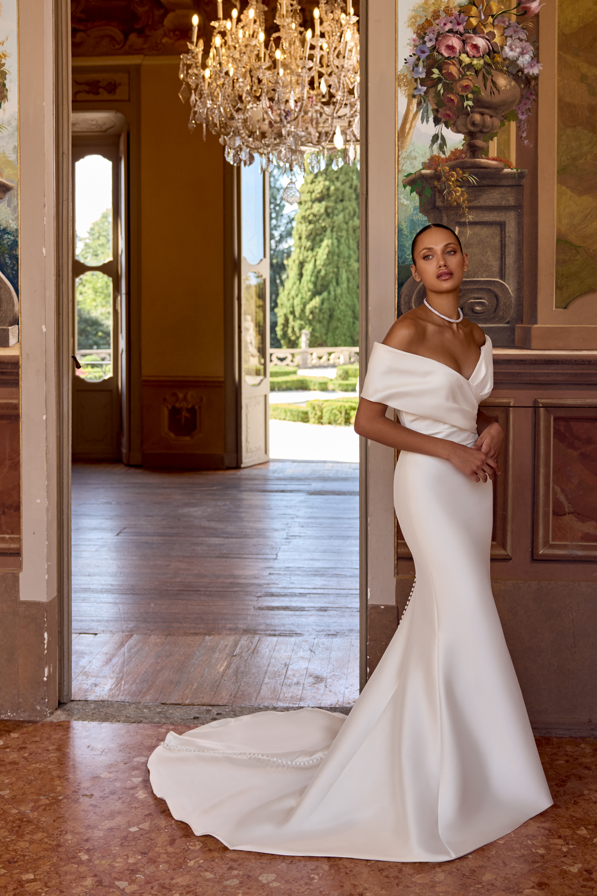 Justin Alexander Style 88293 Fiona Stretch Mikado Dress with Cuffed Off the Shoulder Neckline