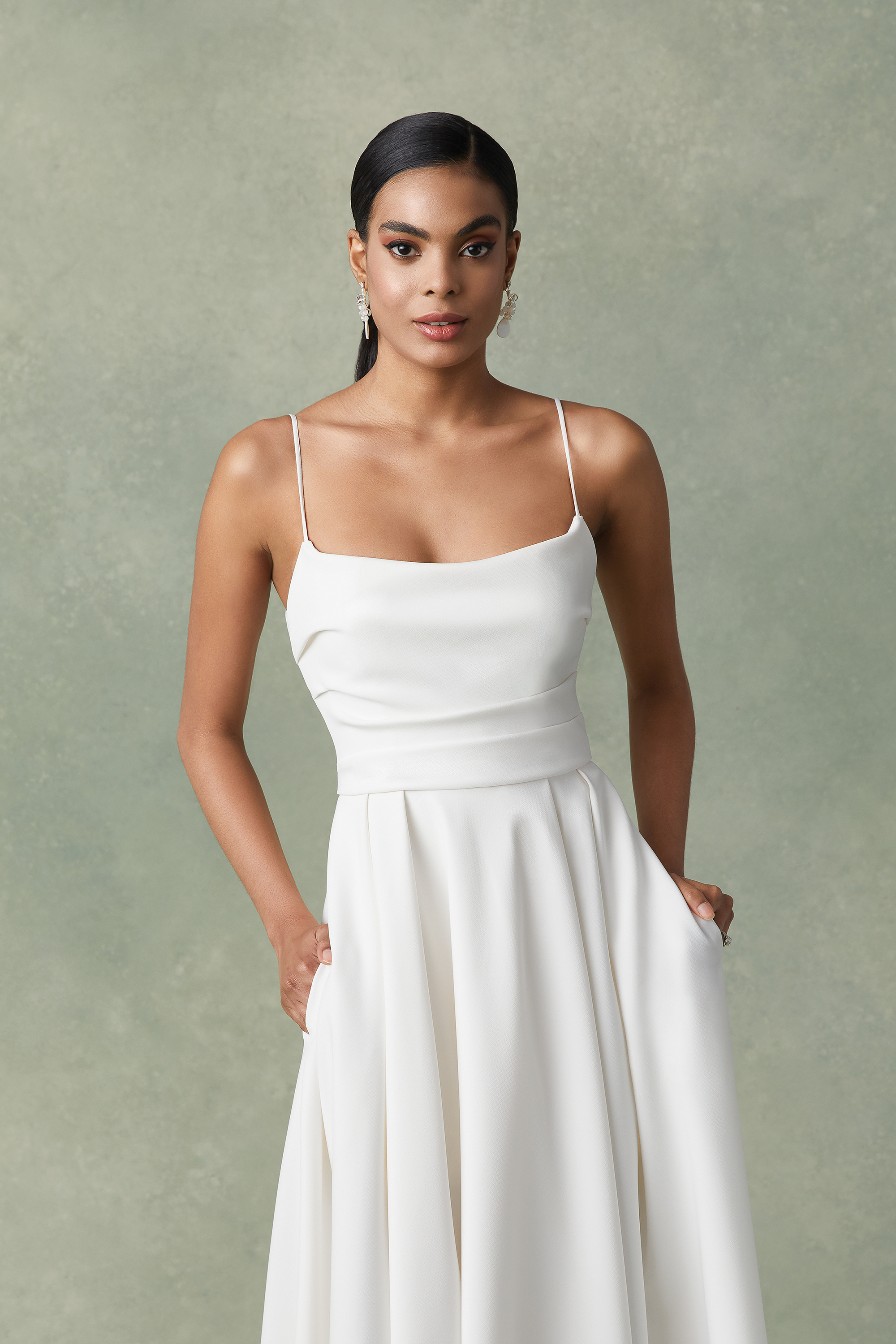 Justin Alexander Style 88294 Frankie Stretch Crepe A-Line Dress with Scoop Neckline and Slit